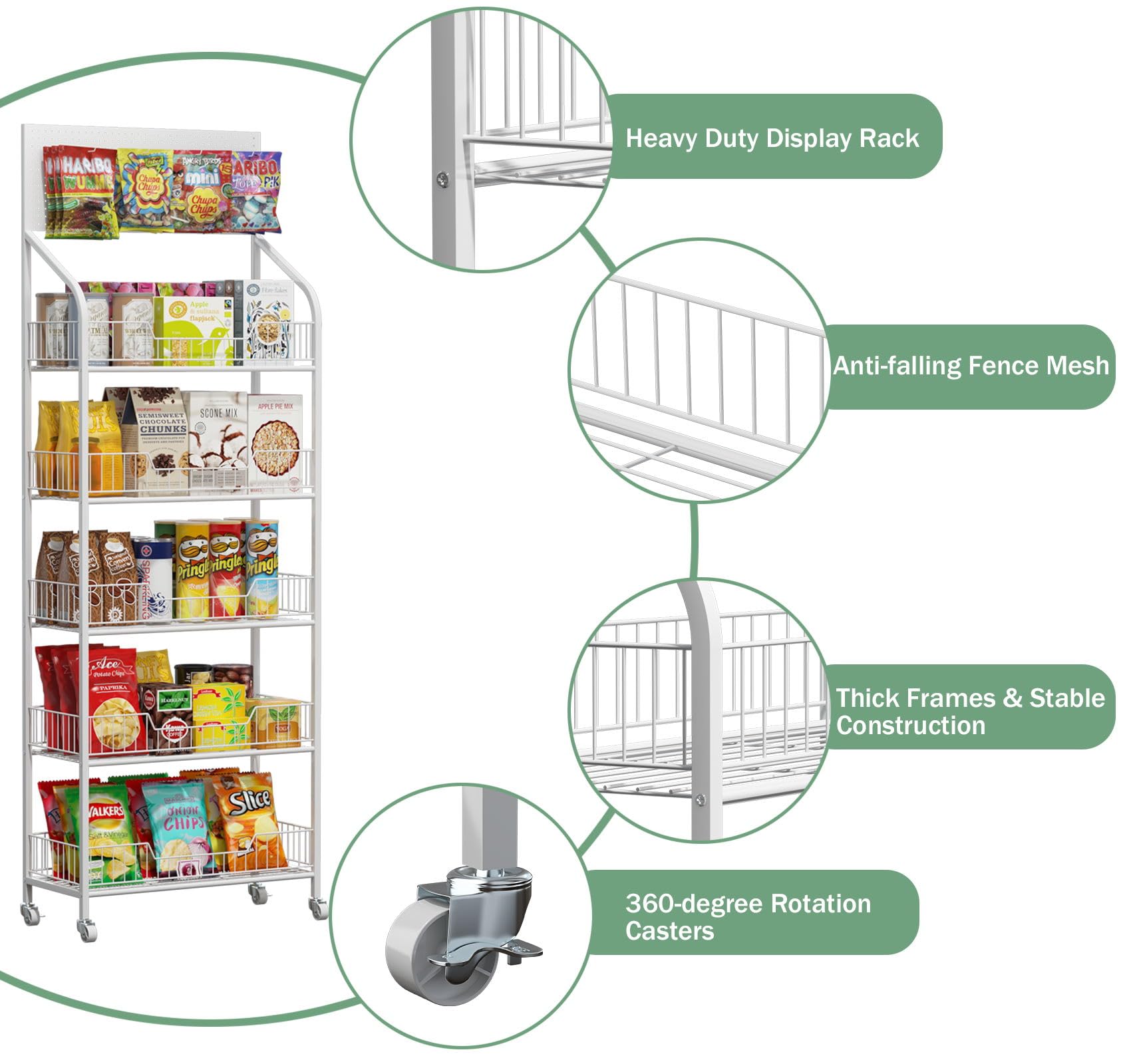 5-Tier Metal Wire Snack Display Stand with Wheels & Hooks - Heavy Duty Candy, Potato Chip & Concession Organizer Rack - Perfect for Retail Stores, Supermarkets & Convenience Stores