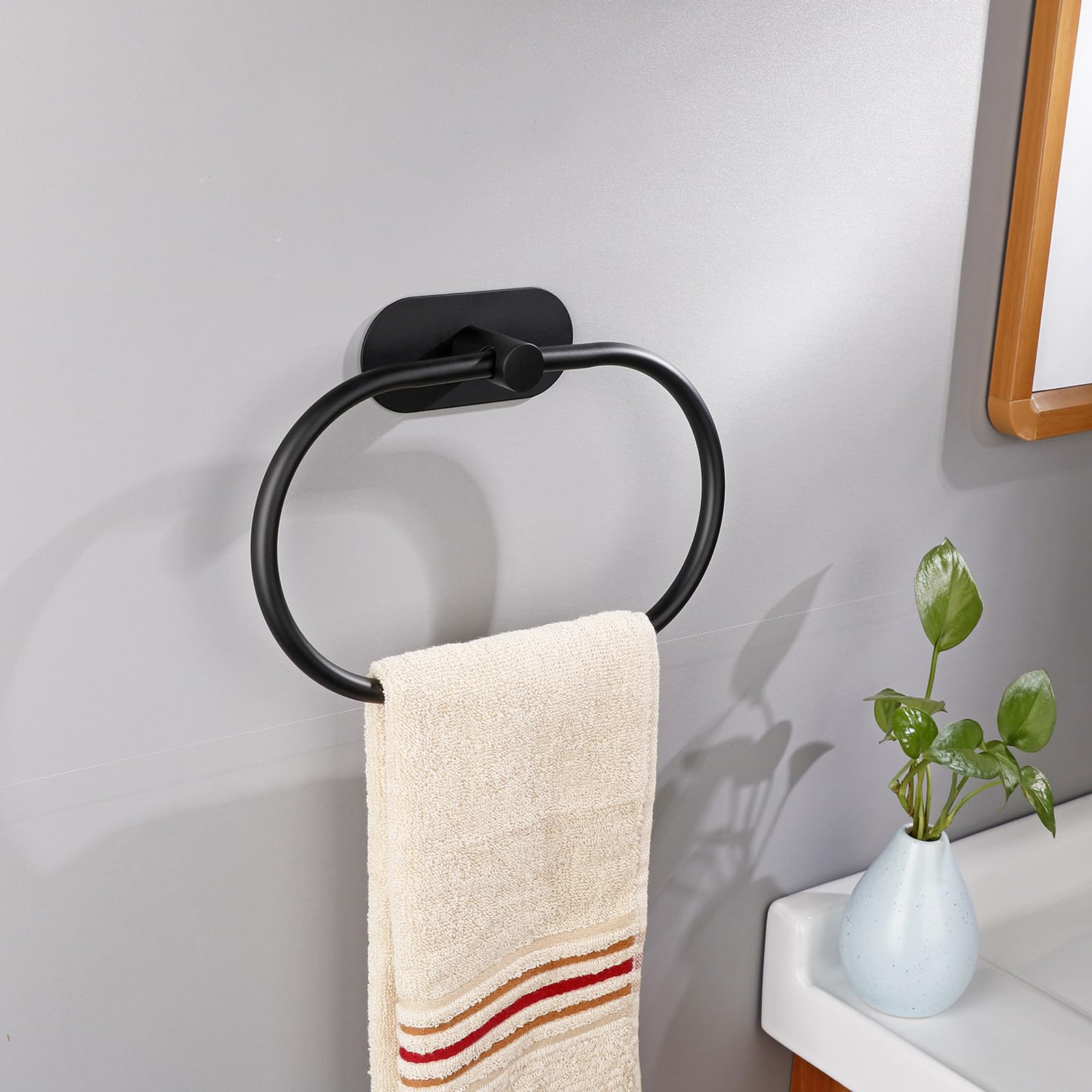 Stainless Steel Self Adhesive Towel Holder - No Drill Bathroom Towel Ring & Bar Set (2 Pack, Black) - Perfect for Modern Bathrooms, Kitchens & RVs - Wall Mounted Hand Towel Hanger for Easy Access
