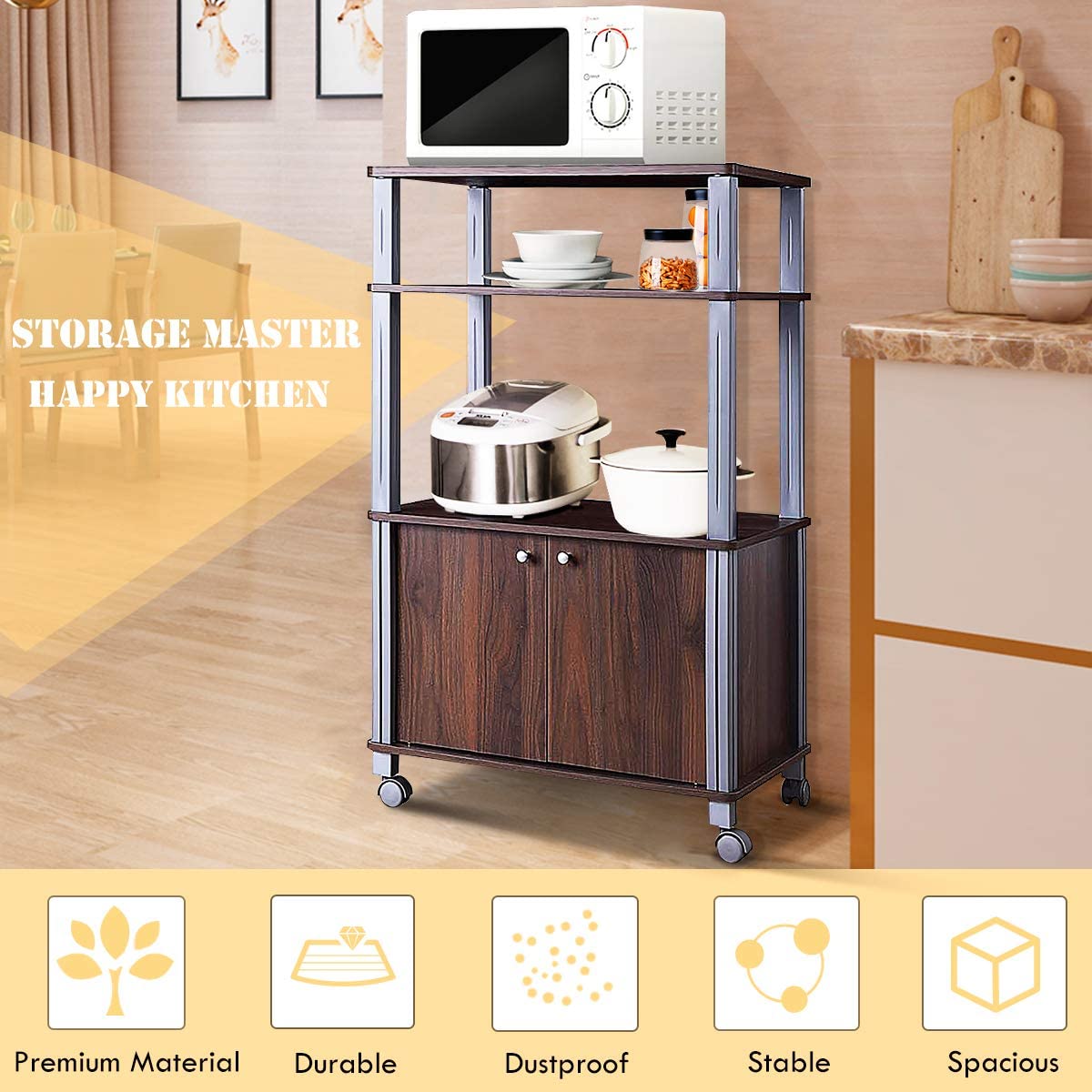 3-Tier Rolling Microwave Stand with Utility Shelves - Multifunctional Kitchen Baker’s Rack, Spice Organizer & Storage Cart for Home, Dining Room or Commercial Use (Brown) | Perfect for Small Spaces, Apartment Kitchens & Restaurant Prep Stations