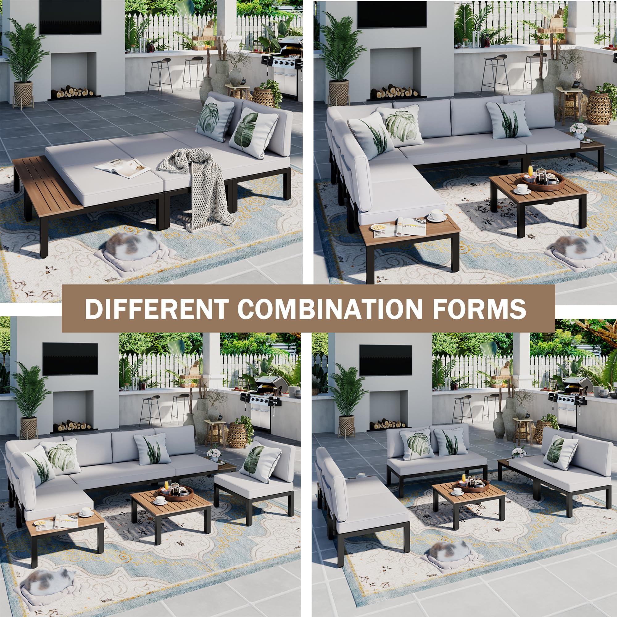 6-Piece Outdoor Patio Furniture Set - Metal Sectional Sofa with 2 Single Chairs, Loveseat, Coffee Table & Side Table (Beige Grey) - Perfect for Backyard, Garden, Poolside & Patio Relaxation