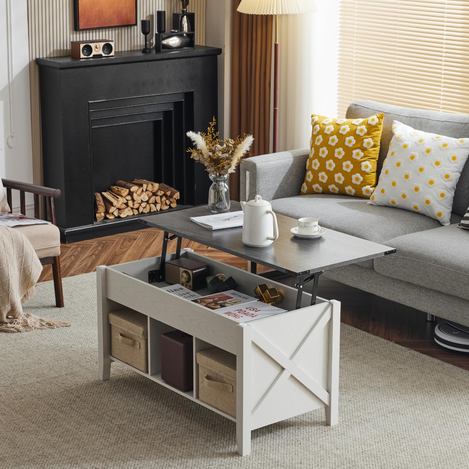 VINGLI Lift Top Coffee Table with Storage Shelf - Farmhouse Cross-Sided Design, Charcoal Top & White Frame, Hidden Compartment, Gas Lift Mechanism - Perfect for Living Room, Office, or Small Space Organization