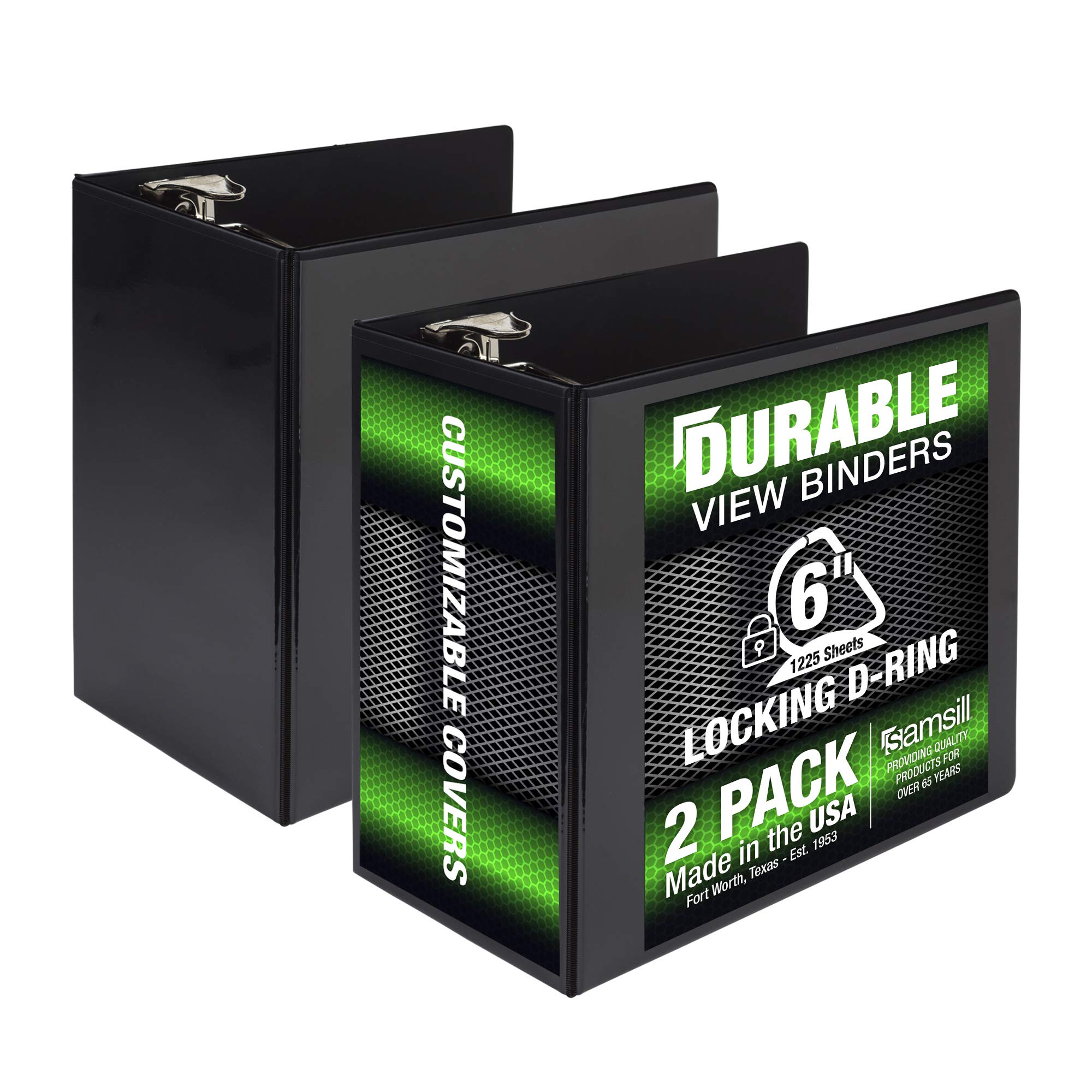 Samsill 6 Inch Durable Locking D Ring Binder - Made in USA, Customizable Clear View, Black, 2 Pack (Holds 1225 Pages Each) - Perfect for Office, School & Document Organization