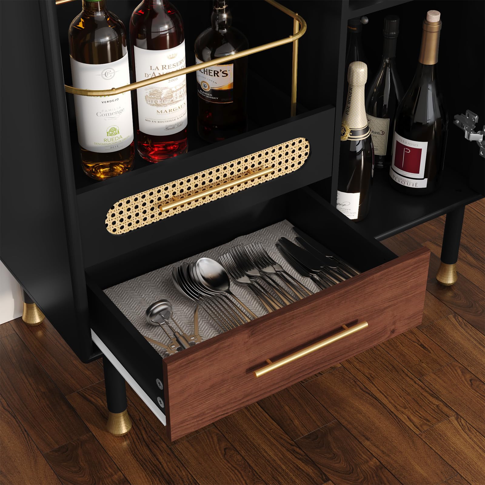 Modern Coffee Bar Cabinet with Wine Glass Rack & Storage Drawers - Black Kitchen Liquor Cabinet with Pull-Out Wine Rack for Dining Room, Living Room & Home Bar - Perfect for Entertaining Guests & Stylish Home Decor