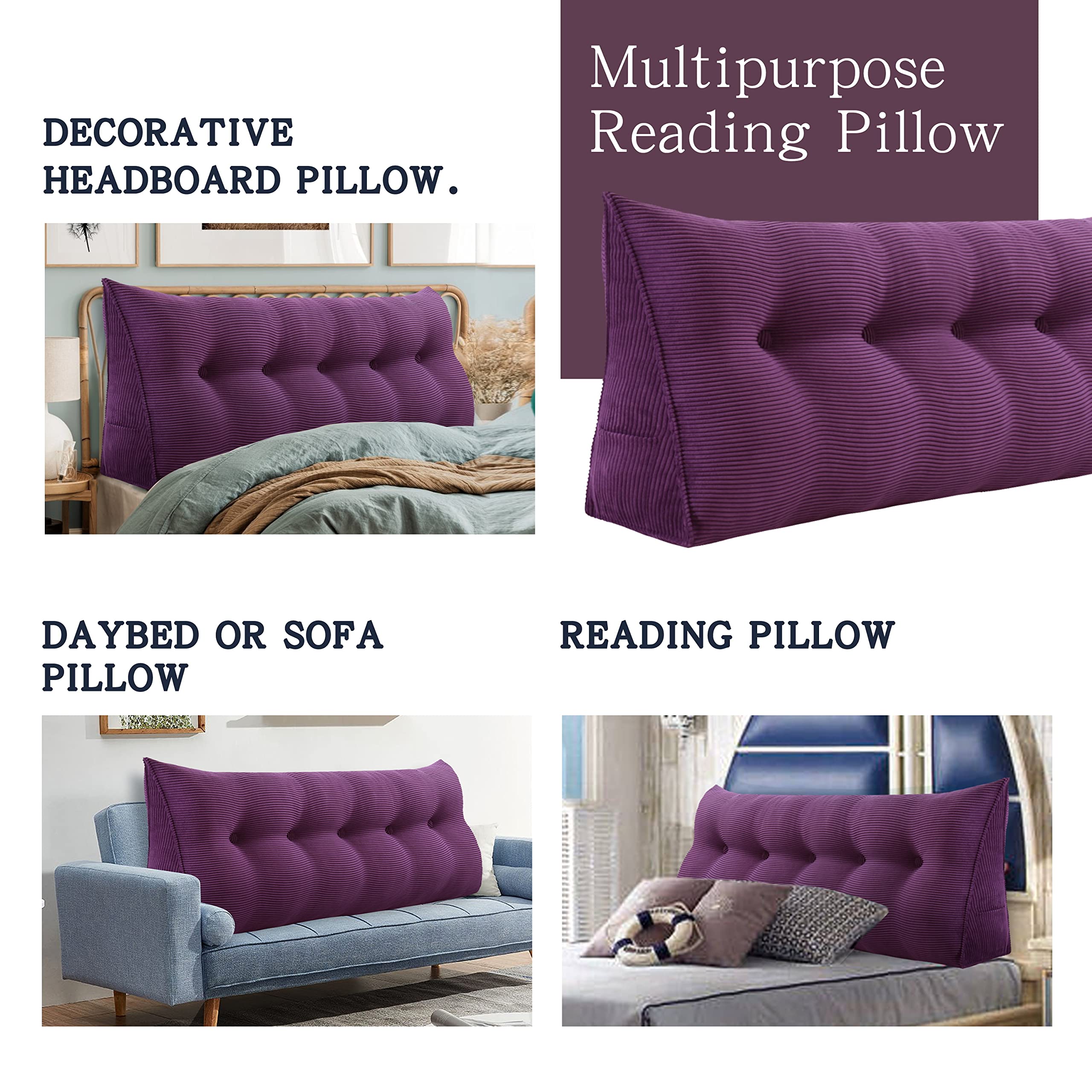 **Purple Wedge Headboard Pillow with Removable Cover - Bed Wedge Pillow for Daybeds, Bolster Support, and Backrest - Perfect for Reading, Relaxing, or Watching TV in Bed**