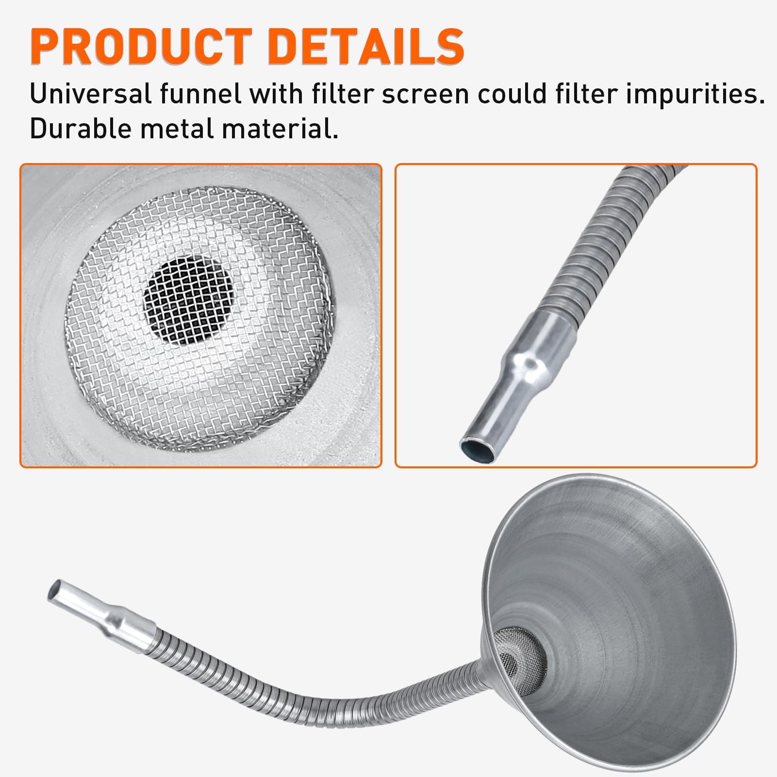 Flexible Steel Universal Spout Funnel with Filter - Bendable Galvanized Funnel for Automotive Oils, Diesel Fuel & Liquids - Perfect for Car Maintenance, DIY Projects & Home Use