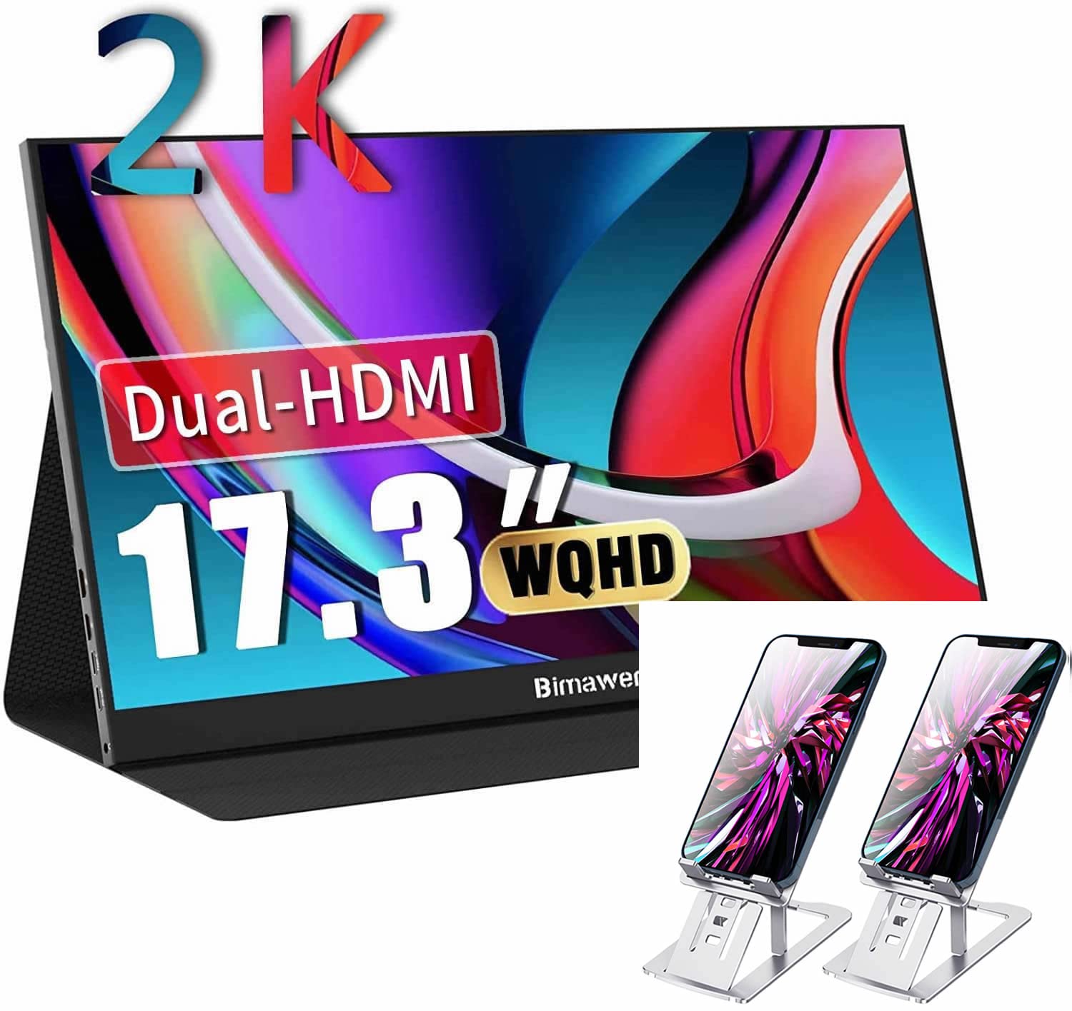 Bimawen 17.3 Inch 2K Portable Monitor with Foldable Aluminum Alloy Phone Stand - Ultra Slim Laptop & Mobile Screen Extender for Work, Gaming, and Travel
