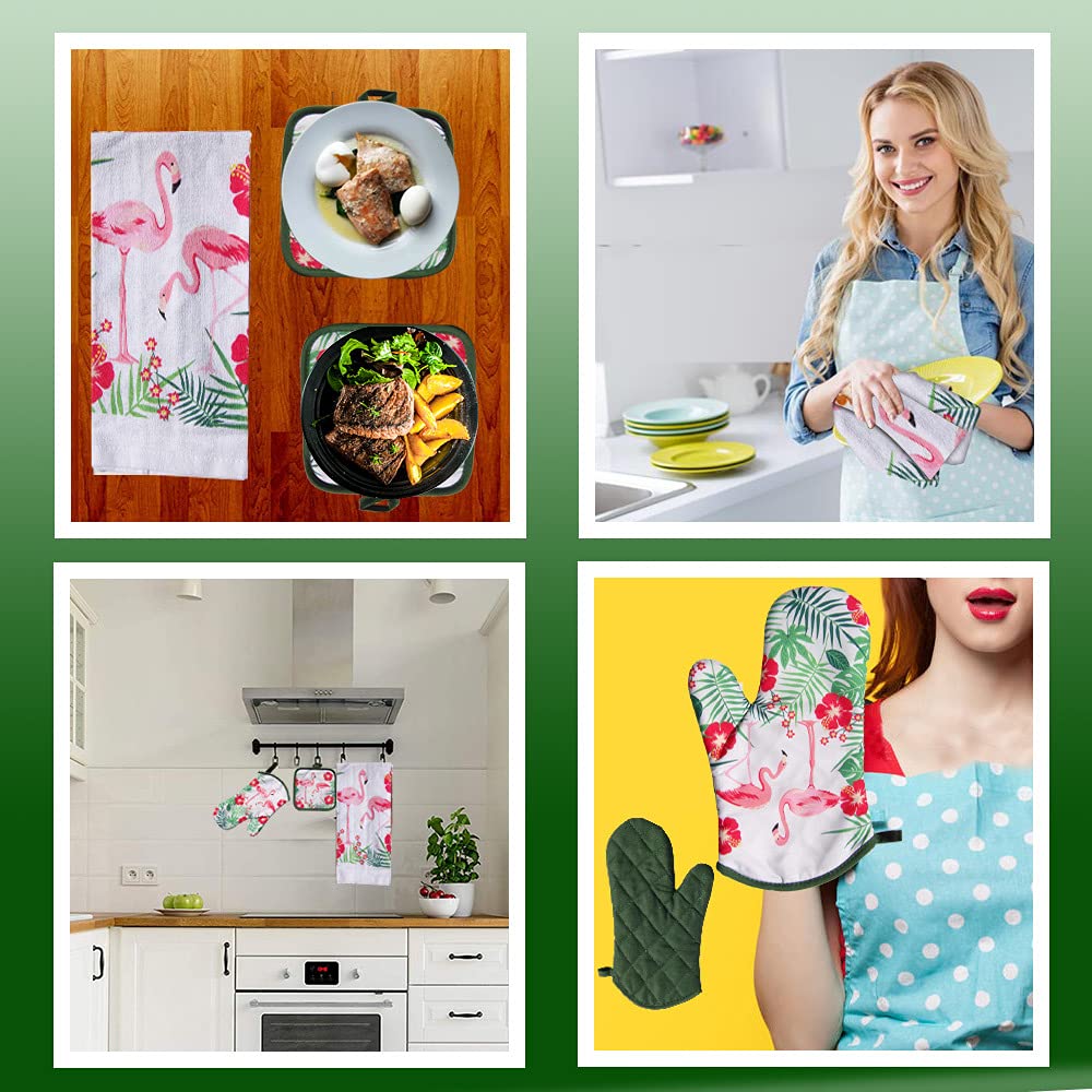 Lobyn 5-Piece Tropical Kitchen Towel Set with Pink Flamingos - 2 Decorative Dish Towels, 1 Oven Mitt & 2 Potholders - Soft & Absorbent for Cooking, Baking & Kitchen Decor