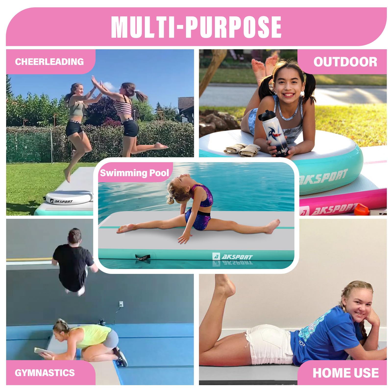 AKSPORT Inflatable Gymnastics Mat Tumble Track 10ft 13ft 16ft 20ft 23ft - Portable Air Tumbling Mat with Pump for Home Gym, Cheerleading, Yoga & Kids Play - Perfect for Indoor Training, Backyard Fun & Fitness Activities