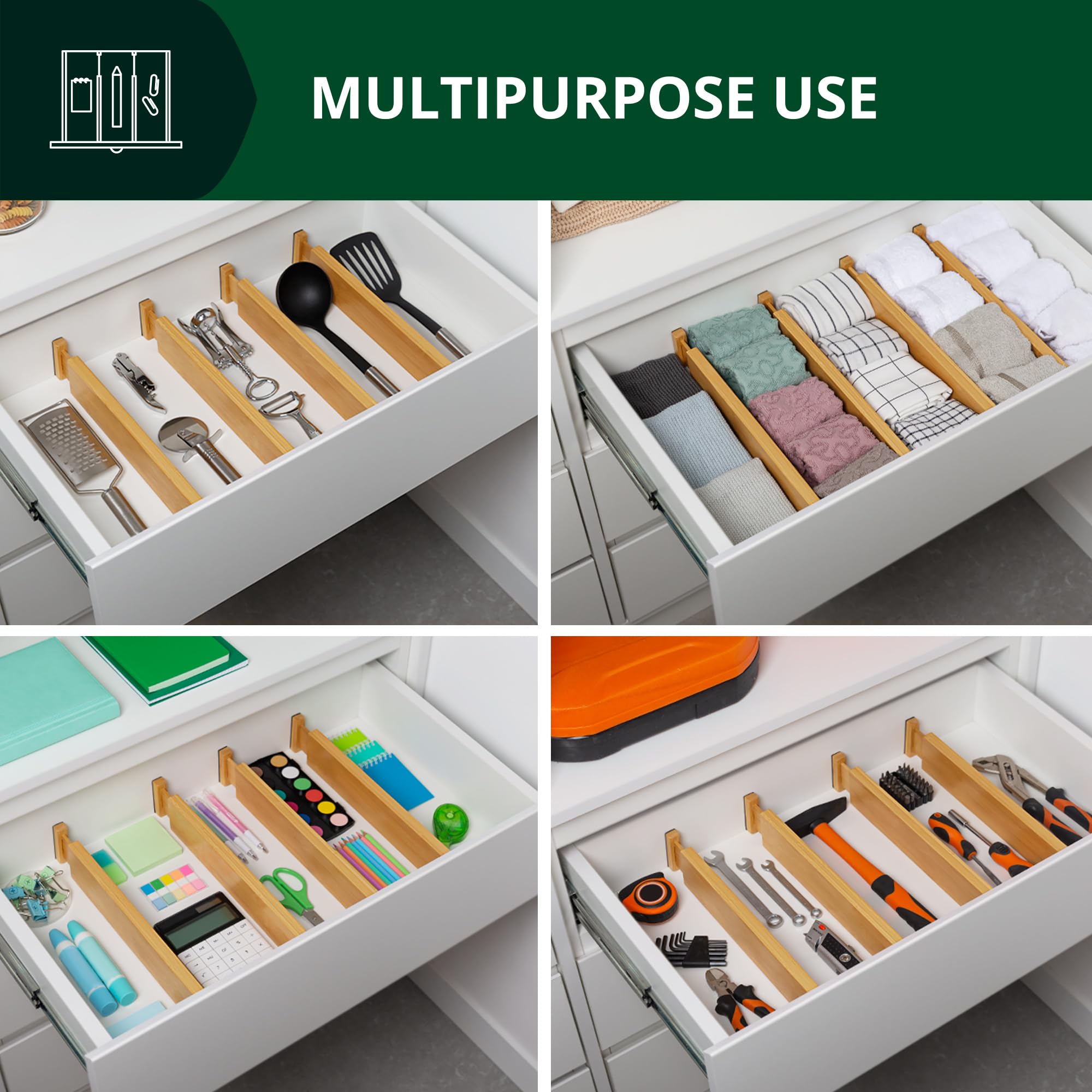 Adjustable Bamboo Drawer Dividers Organizer Set - 4-Pack Expandable Kitchen & Bedroom Drawer Organizers (17-22 Inch) - Natural Wood Drawer Separators for Utensils, Socks, Underwear & Office Supplies - Perfect for Home Organization & Decluttering