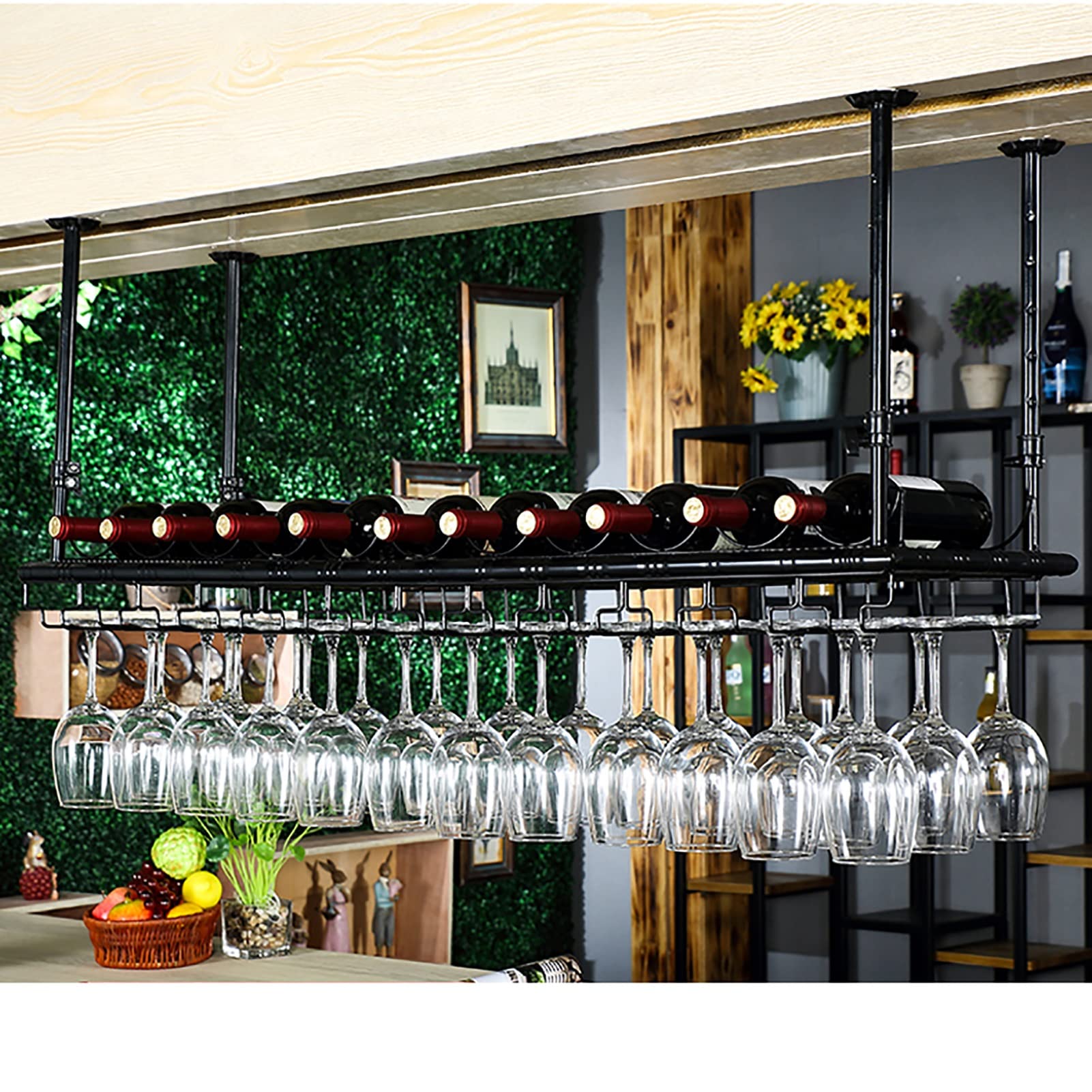Premium NMDCDH Ceiling Hanging Wine Bottle Holder - 120x35cm Rustic Wine Rack for Kitchen, Bar & Cellar - Space-Saving Wine Glass & Bottle Storage Shelf - Perfect for Home Decor & Entertaining