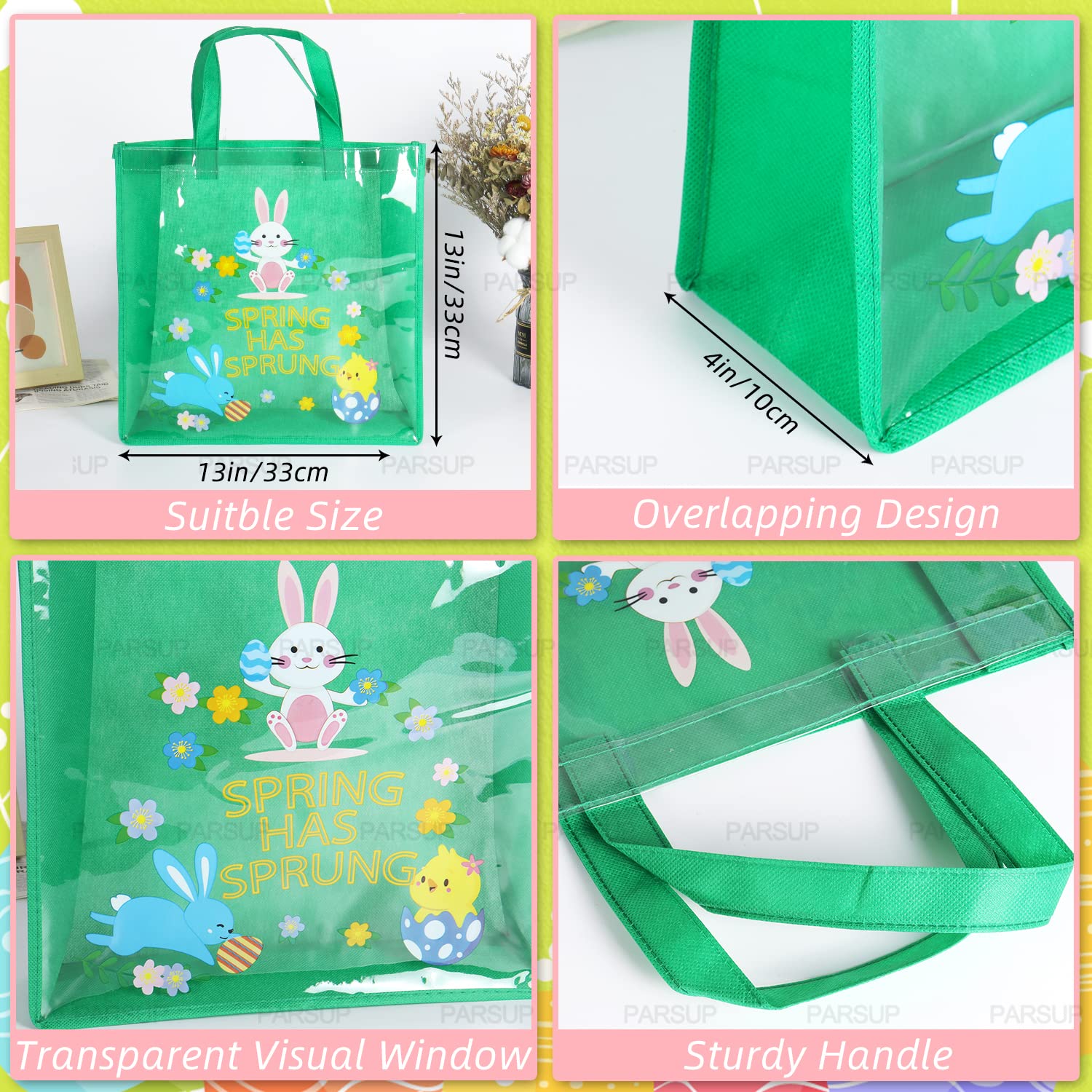 6PCS Easter Egg Hunt Bags - Bunny Carrot Chick Themed Treat Bags with Handles, 13