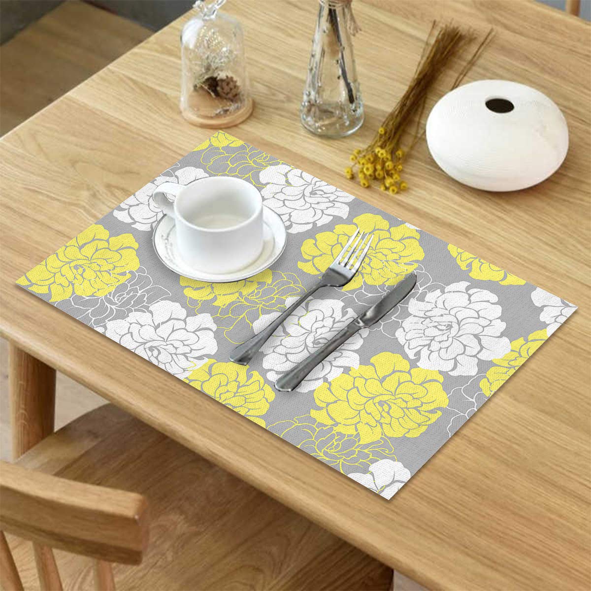 Peony Flower Floral Placemats Set of 4 - Yellow Cotton Linen Heat Resistant Table Mats, Non-Slip Washable Kitchen Dining Mats for Holiday Banquet & Home Decor - Perfect for Thanksgiving, Christmas, and Everyday Use