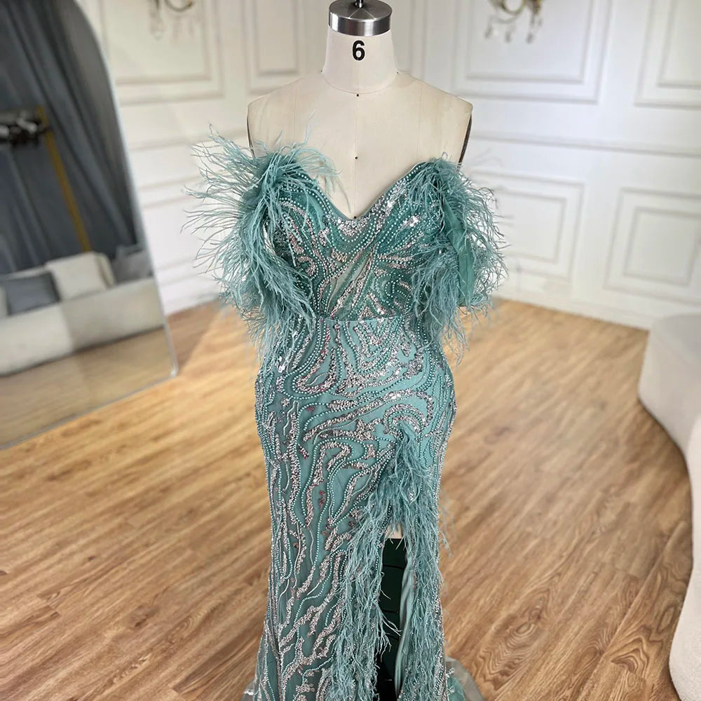 Serene Hill Turquoise Spaghetti Strap High Slit Mermaid Beaded Feather Evening Gown for Women - Elegant Wedding Party Dress 2025 LA72602 | Perfect for Prom, Gala, Red Carpet & Formal Events