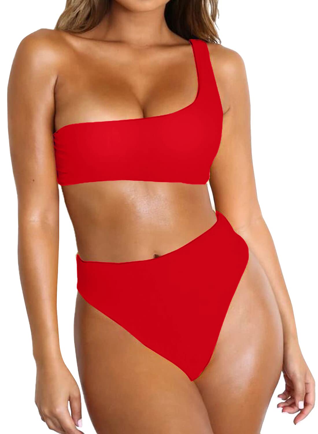 Byoauo Women's One Shoulder Bikini Top with High Waisted Bottom - Sexy Two Piece Swimsuits for Beach, Pool Party & Summer Vacation | Trendy Swimwear for Women