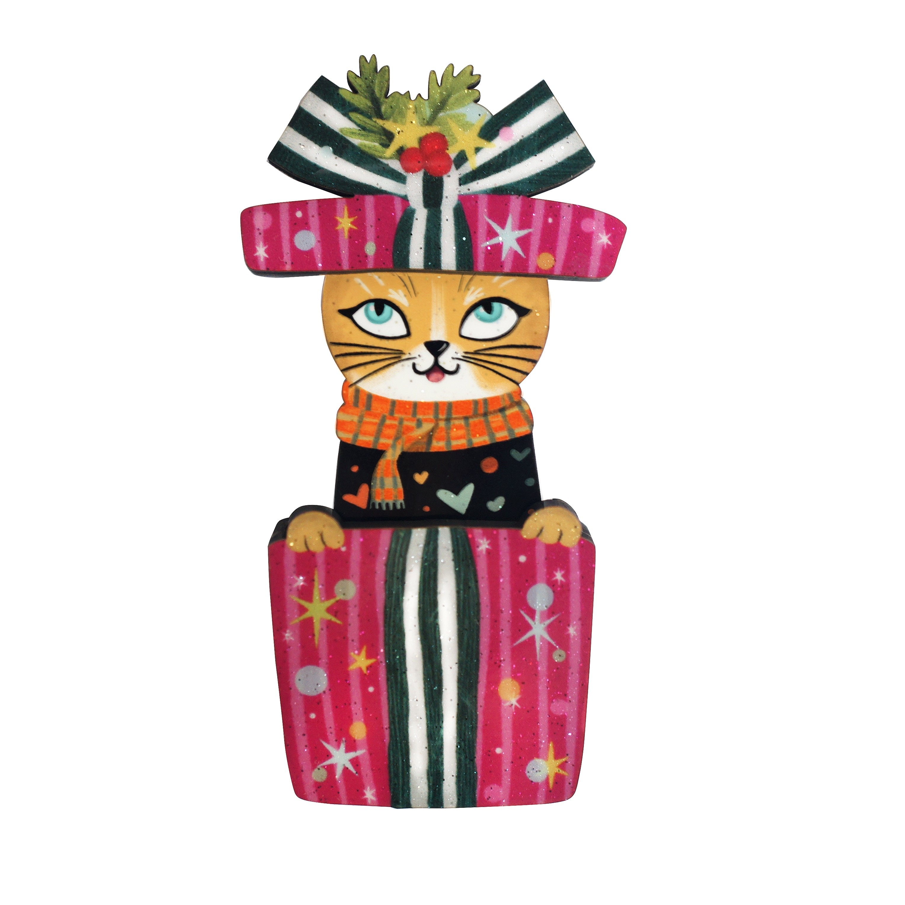 Laliblue Christmas Cat in Box Brooch - Festive Holiday Cat Pin for Women, Cute Kitty Jewelry Gift - Perfect for Christmas Parties, Office Wear & Gift Exchanges