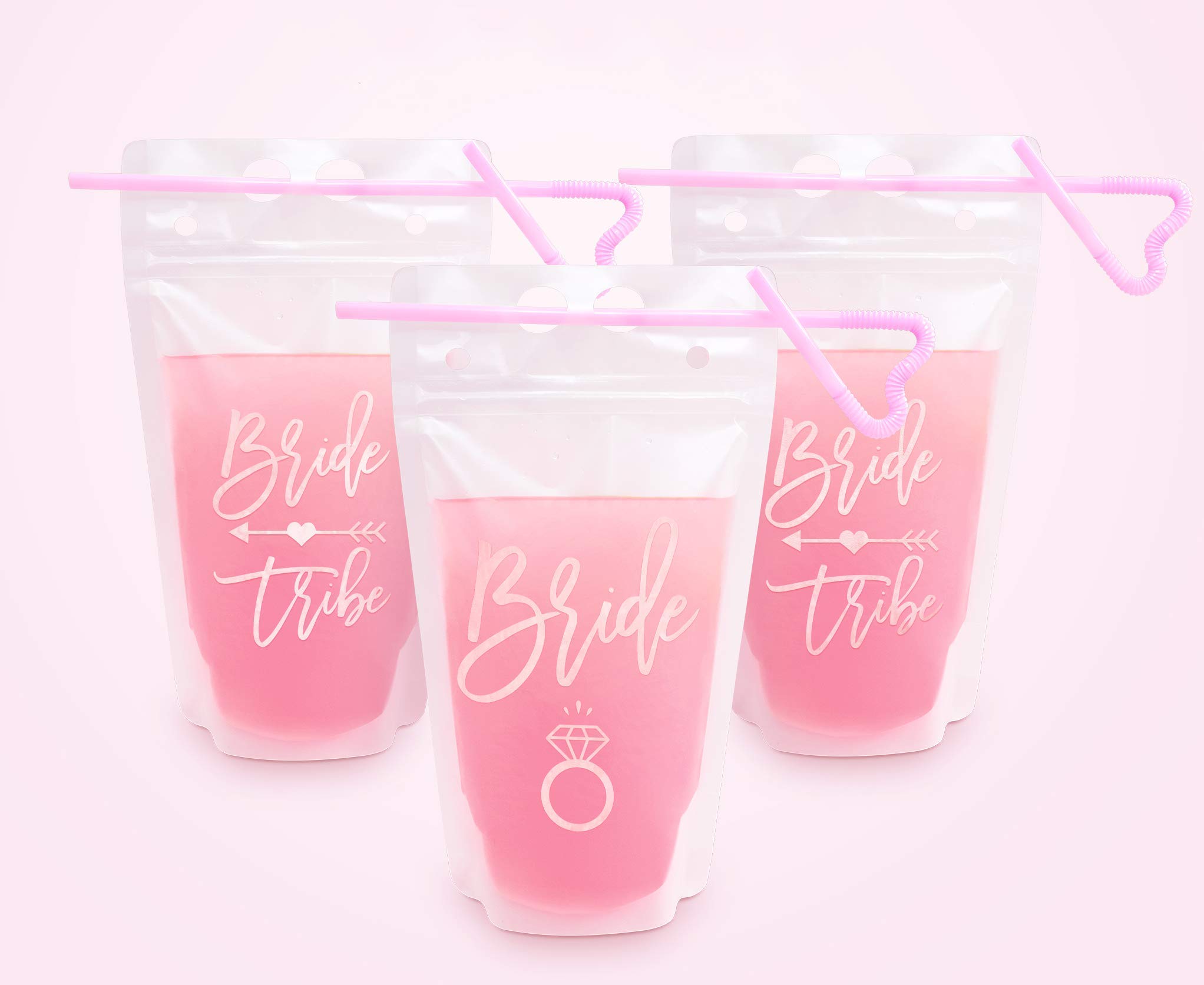 Rose Gold Bachelorette Party Drink Pouches - 16 Pack (15oz Each) with Straws for Bride & Bridal Tribe - Perfect for Bachelorette Parties, Girls' Night Out & Wedding Celebrations
