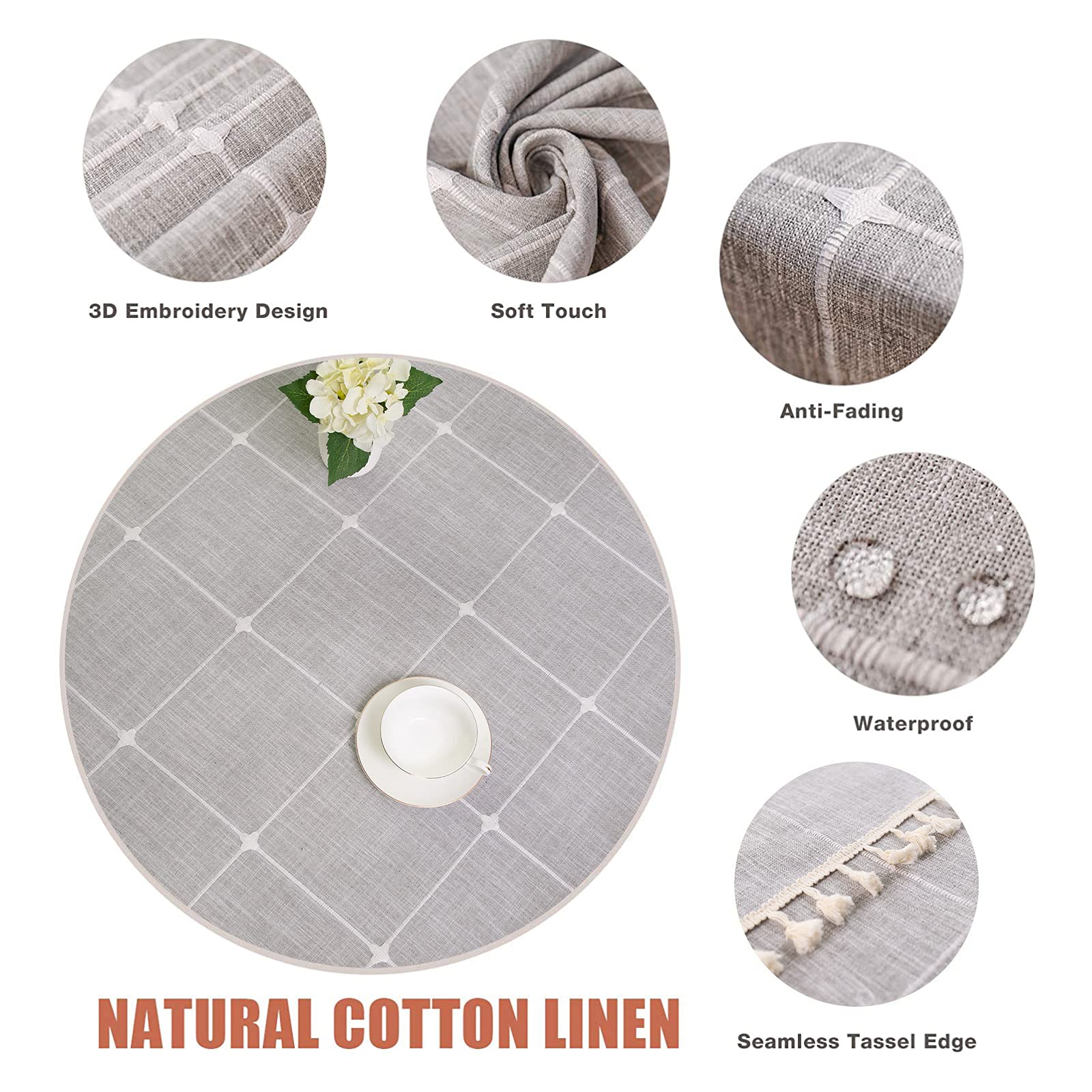 Vonabem Wrinkle-Free Cotton Linen Tablecloth with Tassel Trim - 60 Inch Round Kitchen Dining Table Cover in Grey | Perfect for Dinner Parties, Holiday Gatherings & Everyday Use