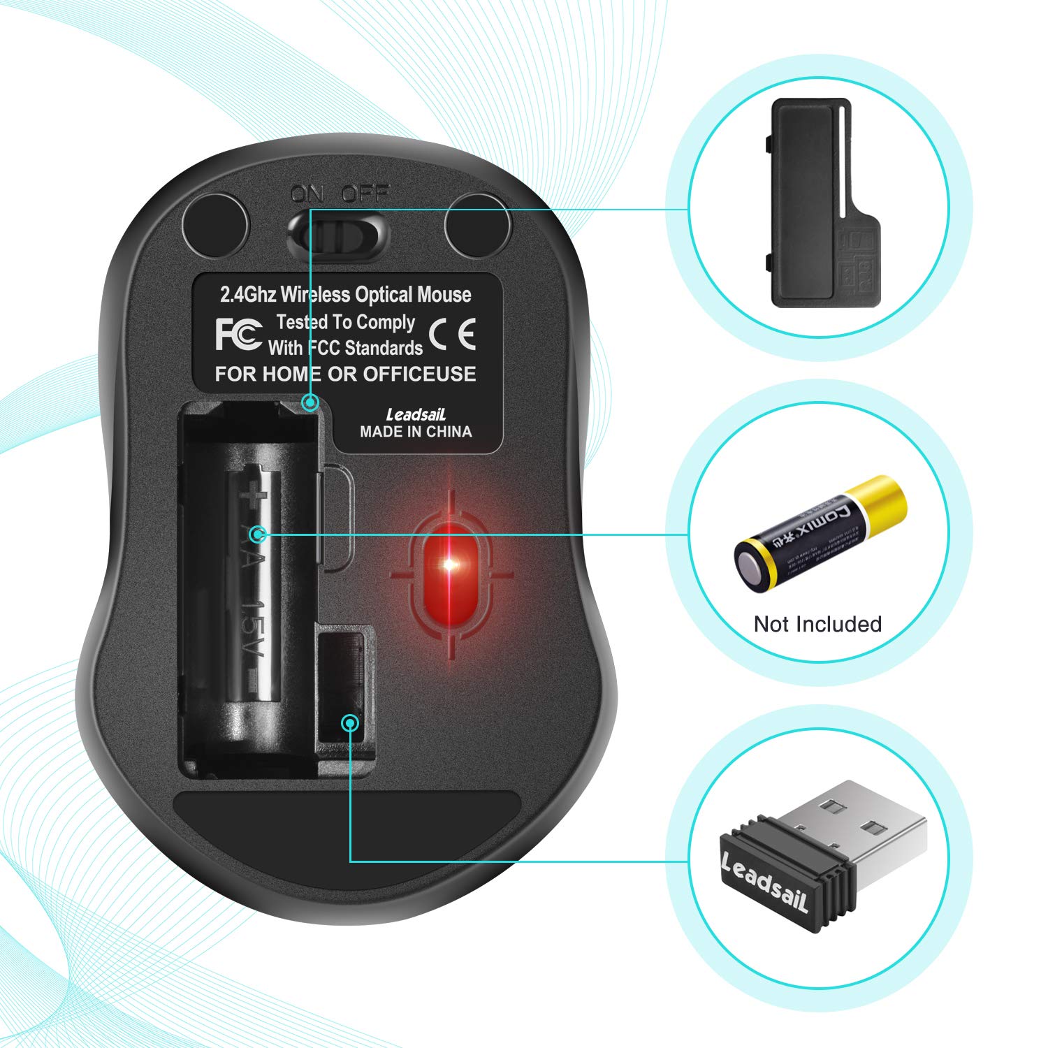 LeadsaiL Wireless Mouse 2.4G Slim Silent Optical Mouse with 4 Buttons - USB Cordless Mouse for Laptop, Desktop, MacBook - Perfect for Office, Home, Gaming & Travel Use