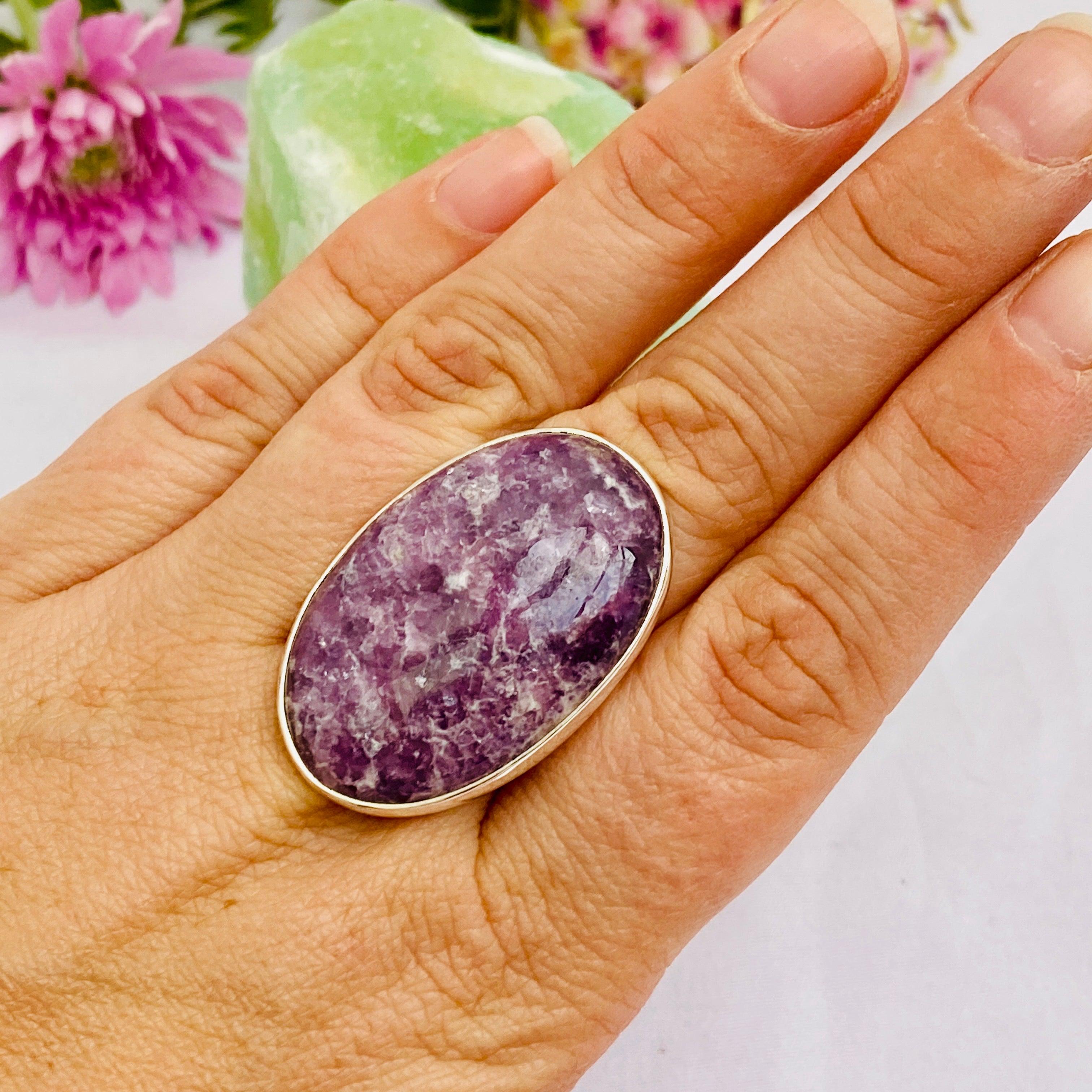 Natural Lepidolite Oval Ring - Size 10 - KRGJ2058 - Healing Crystal Jewelry for Stress Relief & Emotional Balance - Perfect for Meditation, Yoga & Spiritual Practices