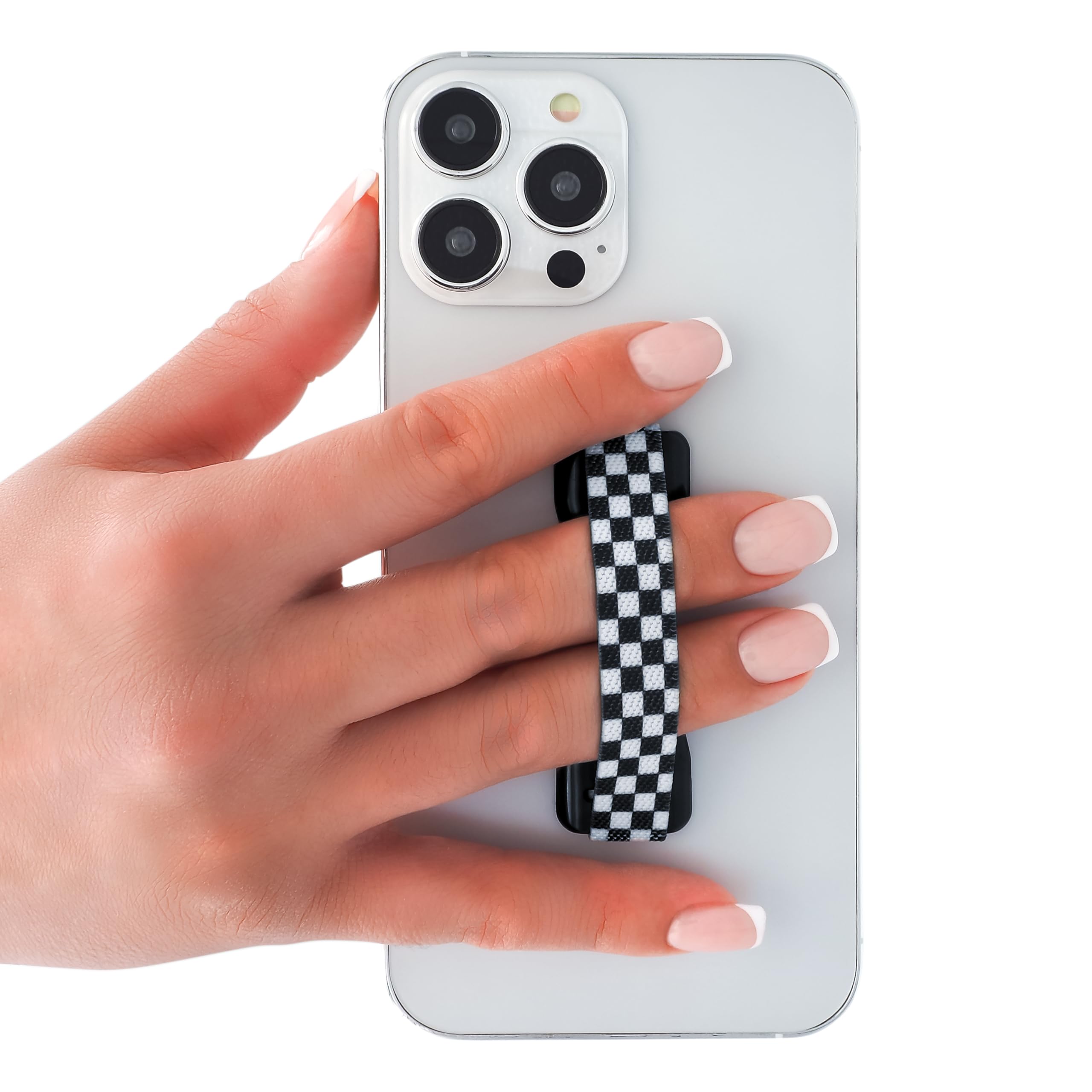 LOVEHANDLE Universal Phone Grip Stand - Compatible with Smartphones & Mini Tablets - Hands-Free Phone Holder for iPhone, Samsung - Wireless Charging Friendly - Made in USA (Black & White Checkered) - Perfect for Driving, Working, Watching Videos & Wireless Charging