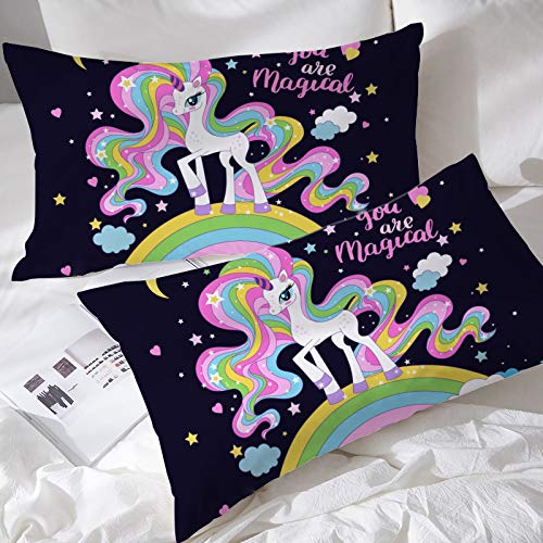 Rainbow Unicorn Pillow Covers Set - Super Soft Pink Pillowcases for Girls' Bedroom Decor