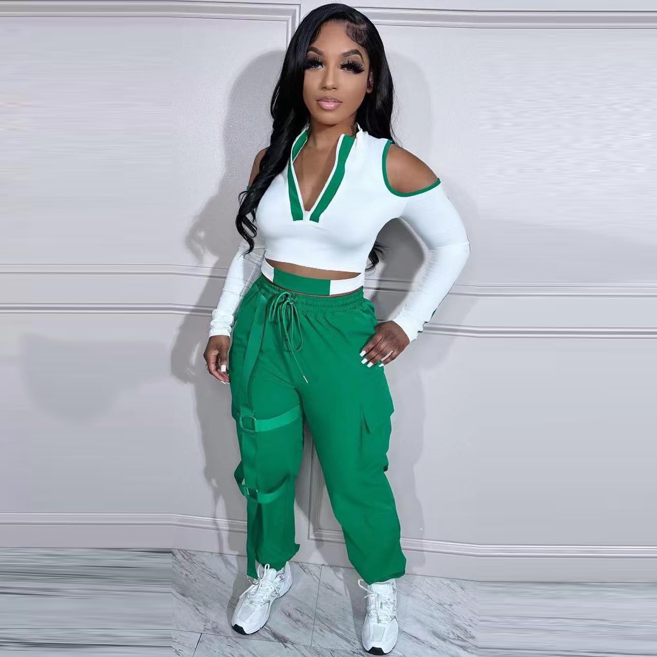 VOIKERDR Women's Two Piece Outfits - Off Shoulder Crop Top & High Waist Bodycon Pants Colorblock Tracksuit Set | Casual Streetwear, Gym Workout, Party Outfit