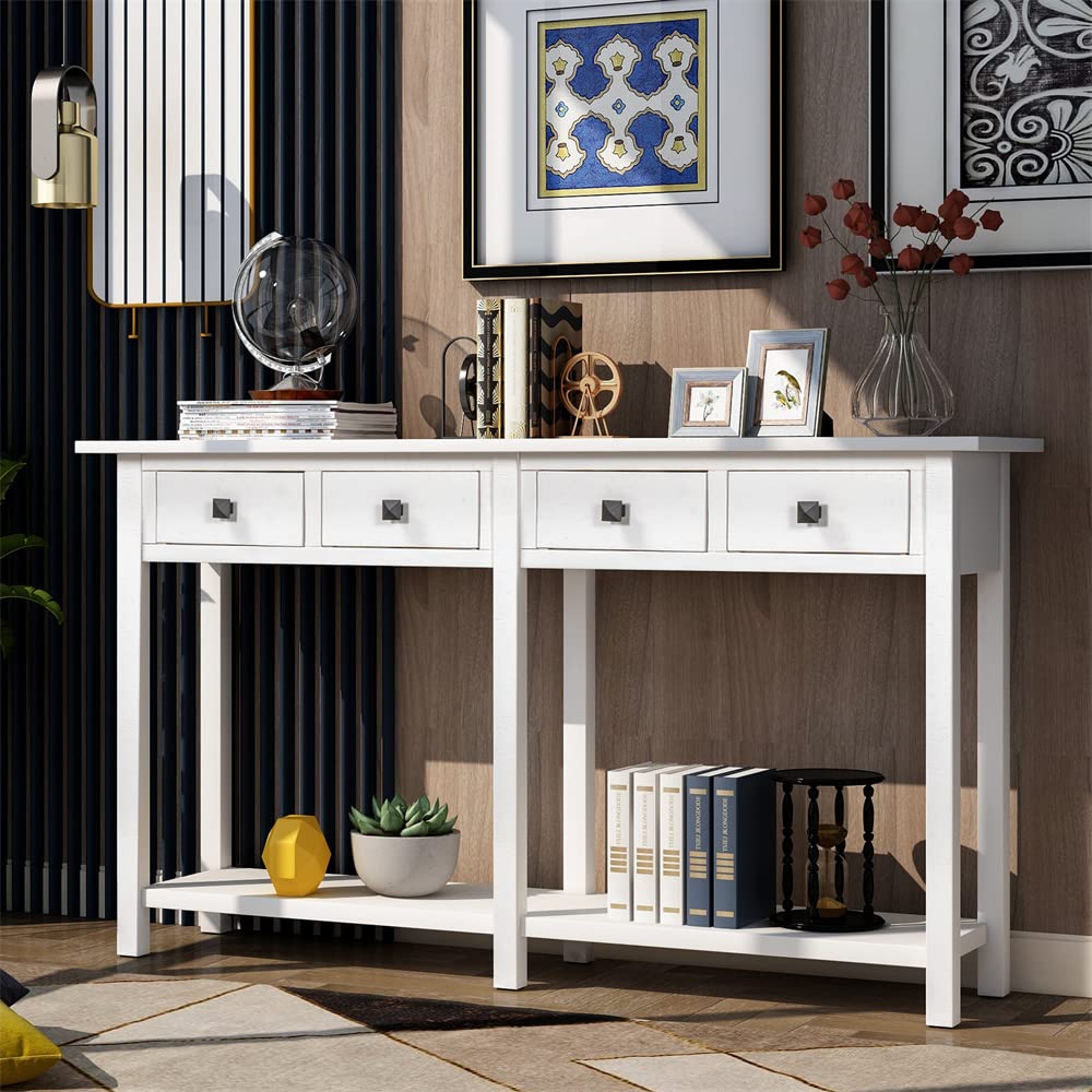 Rustic Wood Console Table with Storage Drawers & Bottom Shelf - Entryway Sofa Table with Brushed Texture, Long Accent Table for Living Room, Bedroom, or Hallway (Ivory) - Perfect for Small Space Organization & Home Décor