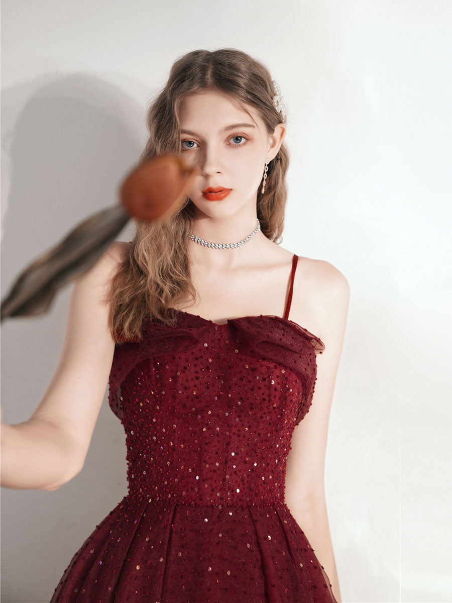 Elegant Aline Tea Length Burgundy Prom Dress | Burgundy Homecoming Gown for Women | Perfect for Formal Dances, Weddings & Special Occasions