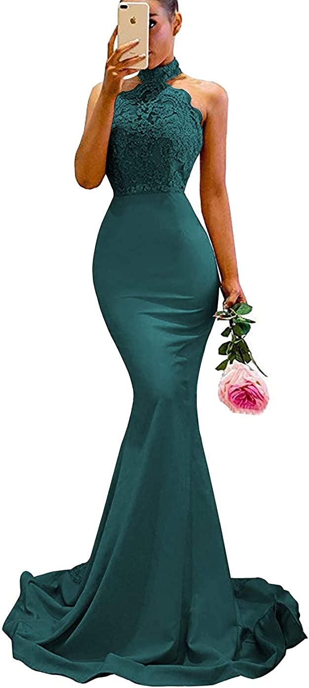 Yisha Bello Women's Satin Mermaid Prom Dress with Sweep Train & Lace Detail - Elegant Evening Gown for Homecoming, Wedding Guest, and Formal Events