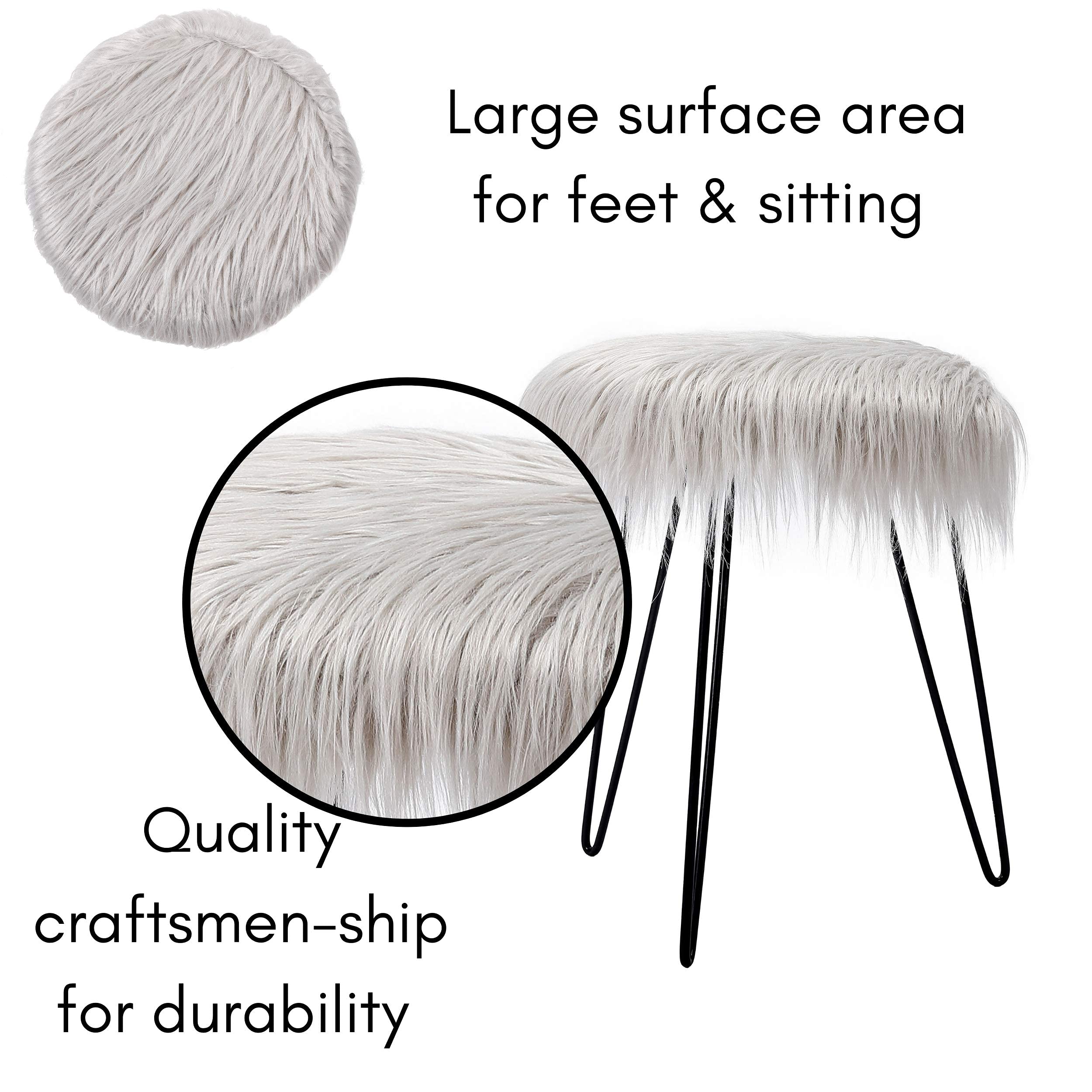 BIRDROCK HOME Round Faux Fur Foot Stool Ottoman with Black Hairpin Legs - Soft Padded Vanity Seat Makeup Chair for Bedroom, Living Room & Kids Room - Grey - Perfect for Reading Nook, Dressing Table & Lounge Decor