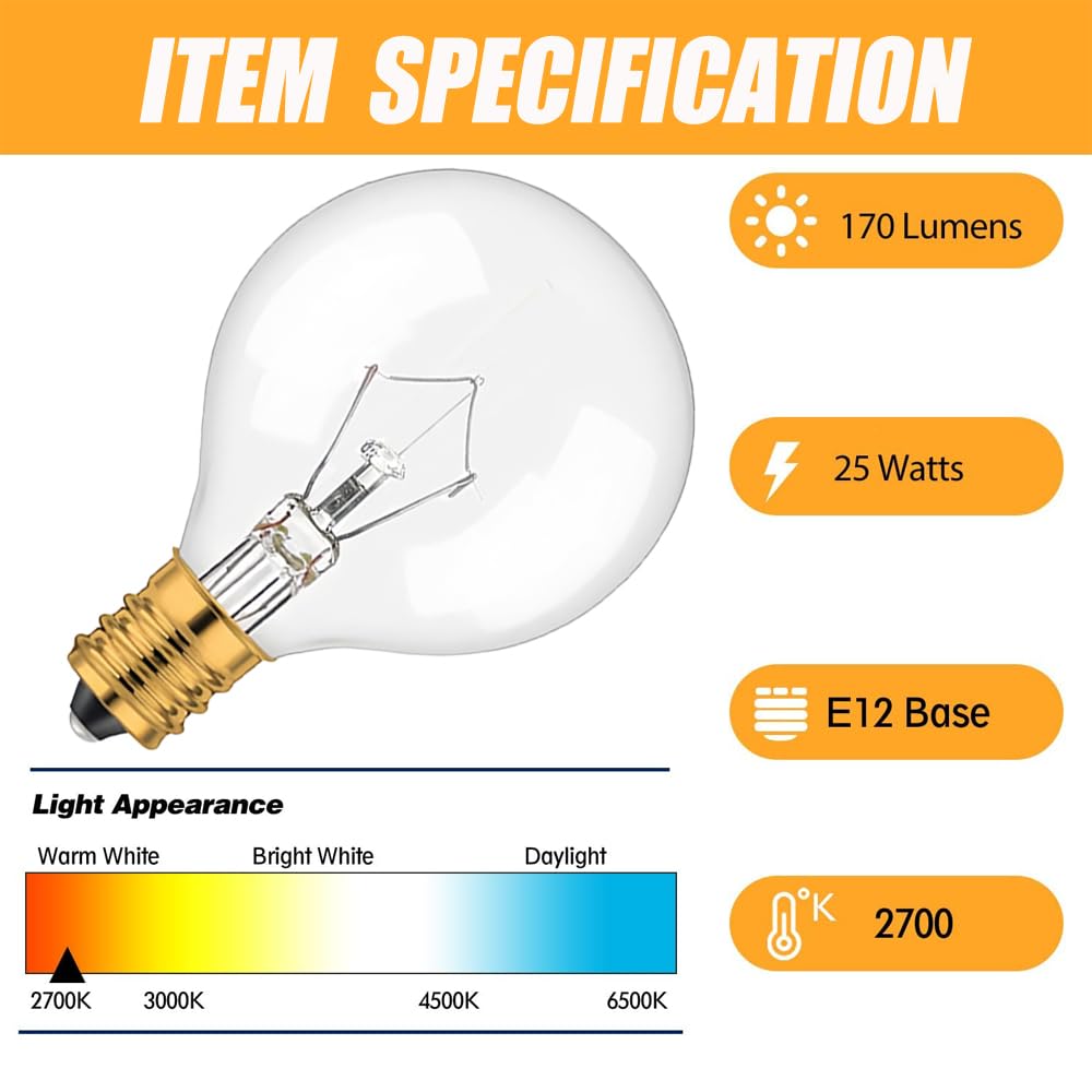 25W Wax Warmer Bulbs - 6 Pack G50/G16.5 Globe E12 Clear Light Bulbs for Full Size Scentsy & Candle Wax Warmers | 120V Long Lifespan Bulbs | Perfect for Home Aromatherapy & Relaxation Spaces