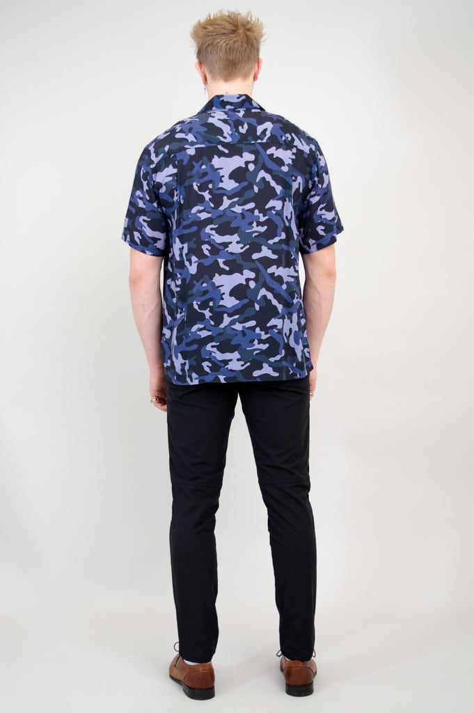 Dino Shirt for Men - Indigo Camo Print Woven Bamboo Fabric - Comfortable Casual Wear for Outdoor Adventures & Street Style