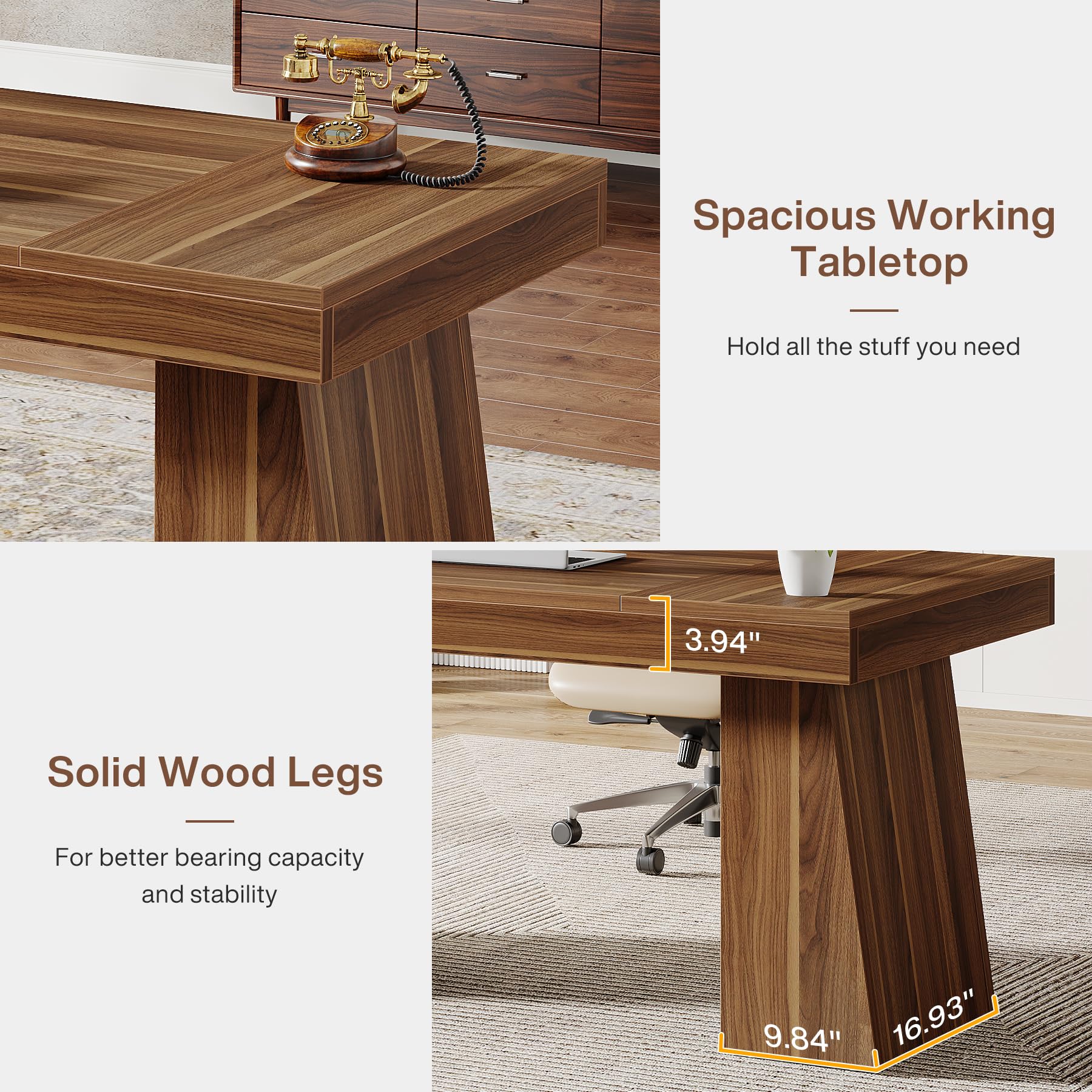 Tribesigns 55 Inch Modern Executive Desk - Mid-Century Style Home Office Desk with Double Trapezoid Base, Wooden Computer Workstation for Business & Study - Perfect for Small Office, Home Office & Conference Room (Brown)