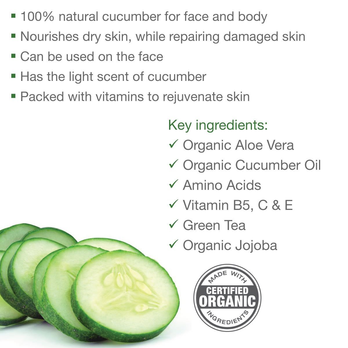 Organic Cucumber Cooling Gel with Vitamin C & Aloe Vera - Hydrating Face Mask for Sunburn Relief & Skin Soothing - Perfect for Post-Workout, Spa Days & Summer Skincare