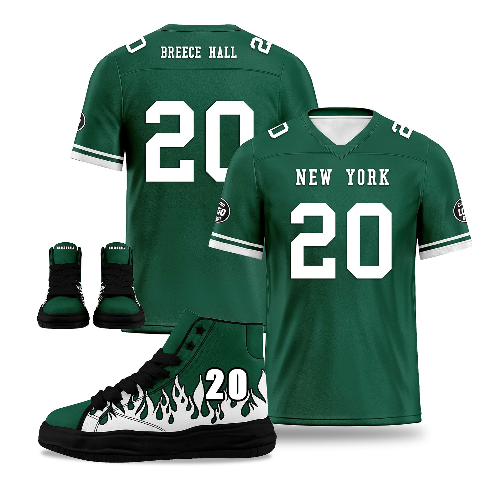 Custom Green & White New York Football Jersey with Firesoul Sports Shoes - Personalized Combo Set for Fans | Game Day Outfit, Team Spirit Wear, Sports Enthusiast Gift