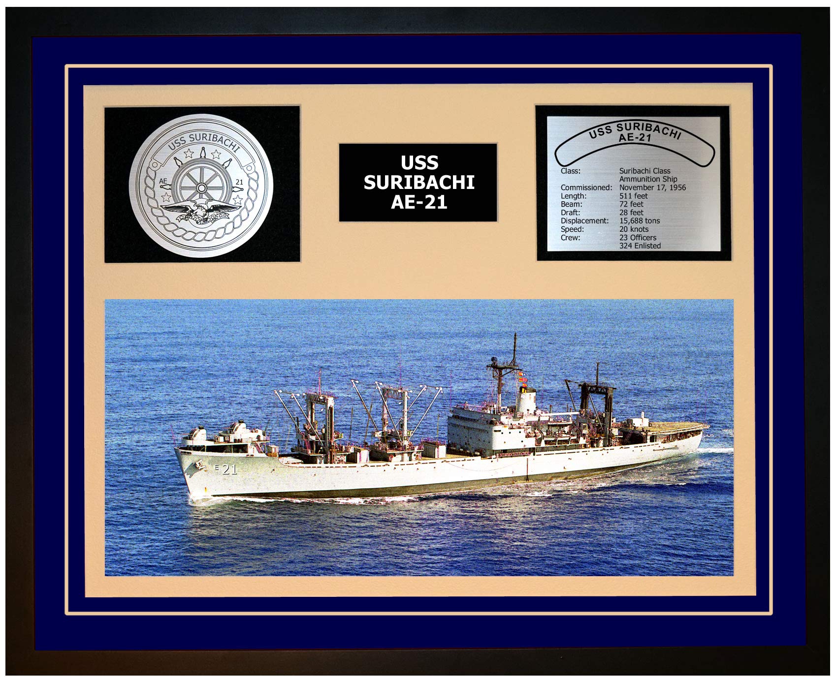 USS SURIBACHI AE 21 Navy Ship Model Display - Framed Blue Collectible for Military Enthusiasts | Perfect for Home Office Decor, Military Memorabilia Collection & Veterans Gifts