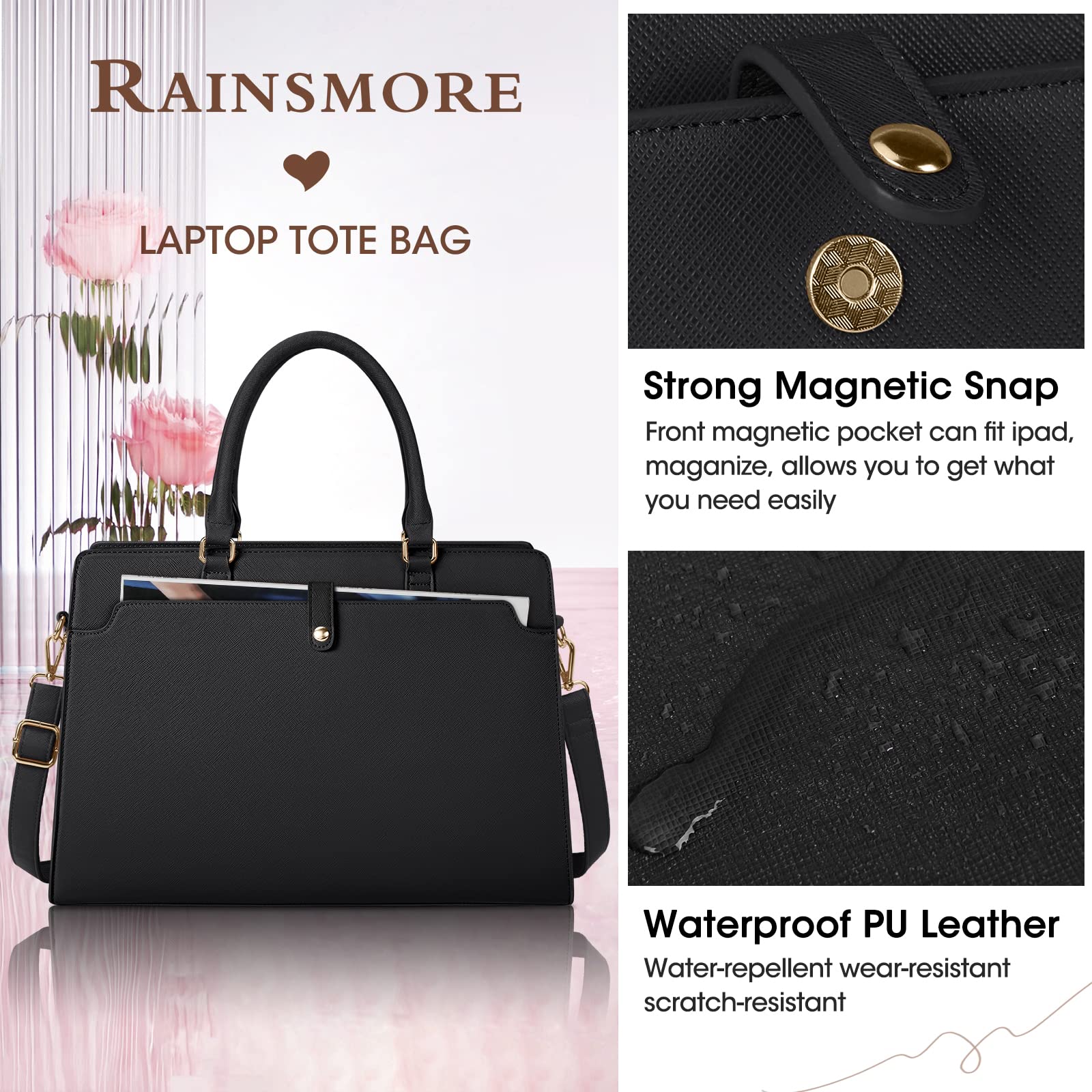 RAINSMORE Women's 15.6 Inch Leather Laptop Tote Bag - Waterproof Business Briefcase for Office, Large Capacity Work Bag with Shoulder Strap (Black) | Perfect for Professionals, Commuters & Business Travel Accessories