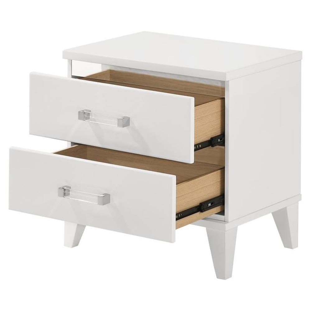 Acme Chelsie White Wooden 2-Drawer Nightstand with Modern Acrylic Bar Handles - Perfect Bedside Table for Bedroom, Guest Room & Nursery Storage
