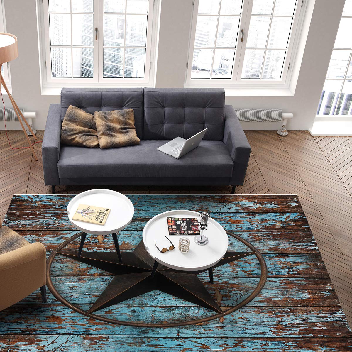 4' x 6' Large Area Rugs - Soft Throw Carpet for Nursery, Kids Room & Living Room | Western Star Wooden Rustic Distressed Country Design | Non-Slip Floor Cover for Bedroom, Kitchen & High Traffic Areas | Easy to Clean Modern Home Decor Rug
