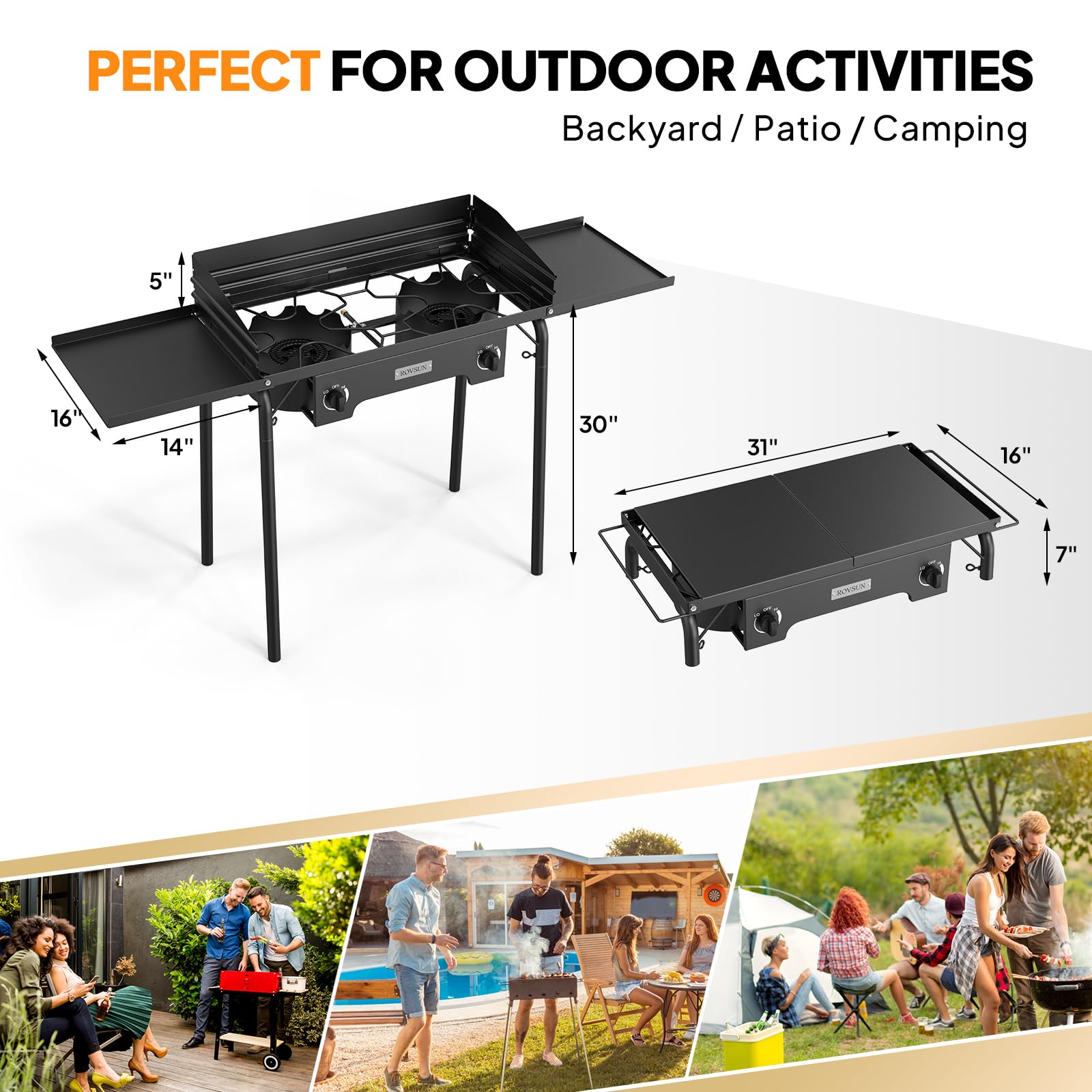 ROVSUN 2 Burner Outdoor Camping Stove with Windshield & Shelves - Heavy Duty Propane Gas Cooker with Detachable Legs & CSA Regulator - Perfect for Backpacking, RV Trips, Tailgating, Picnics, and Emergency Cooking
