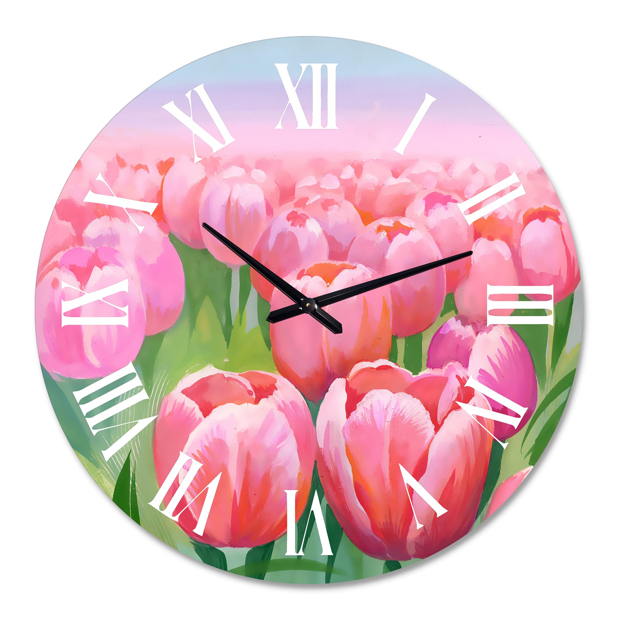 Field of Pink Tulips Wall Clock - Large Traditional Floral Wall Decor for Living Room, Bedroom & Office | Silent Non-Ticking Home Decor