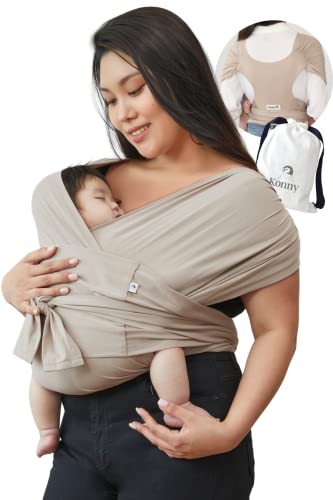 Konny Baby Carrier Elastech Wrap - Easy to Use Stretchy Baby Sling for Newborns to 44 lbs | Hands-Free Infant Carrier for Parents | Perfect for Shopping, Hiking & Daily Errands (Beige, XL)