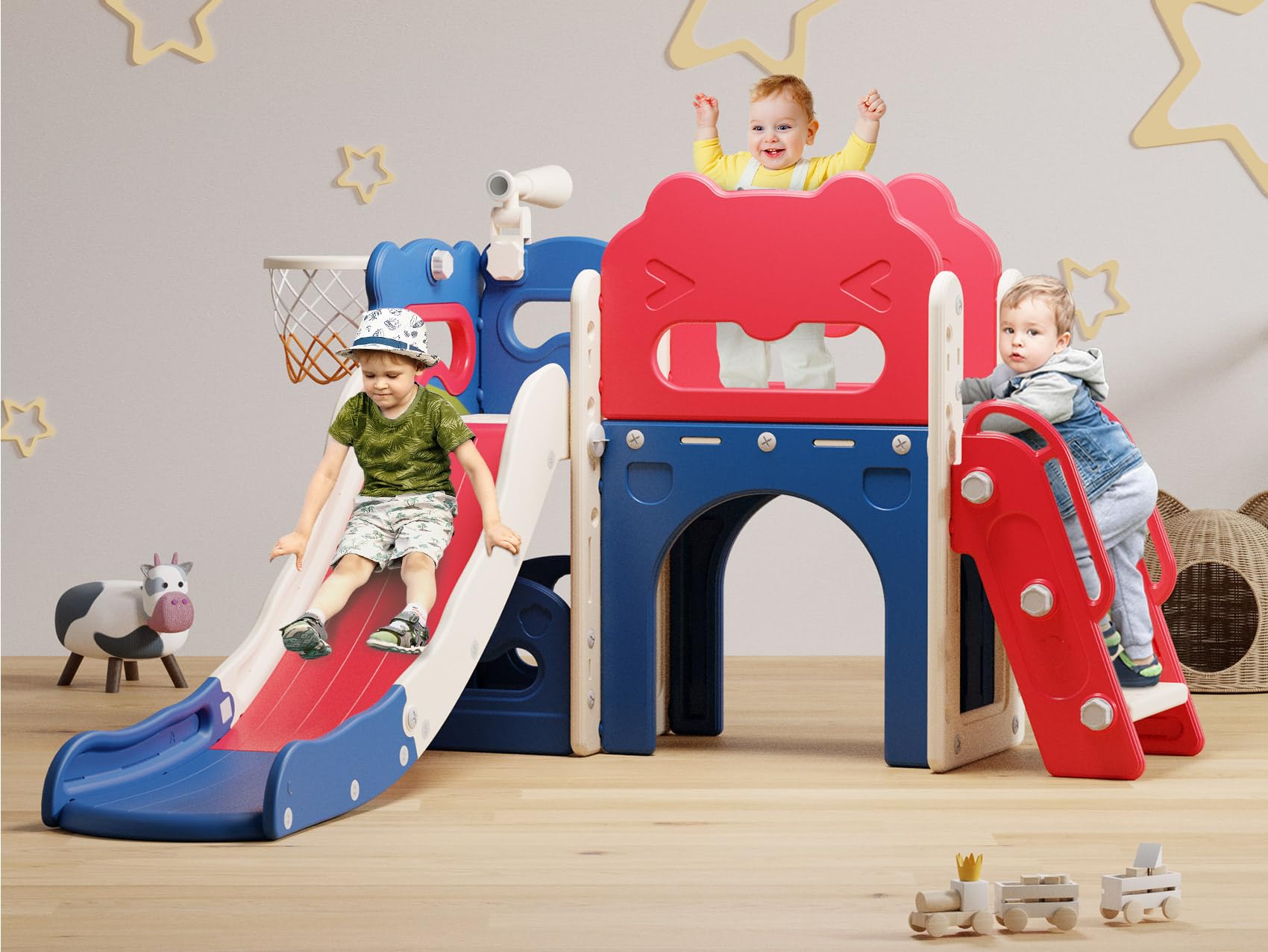 **Babytronic 7-in-1 Toddler Slide & Playset for Kids Ages 1-3 – Indoor & Outdoor Slide with Basketball Hoop & Telescope – Blue & Red – Perfect for Playrooms, Backyards, and Daycares**