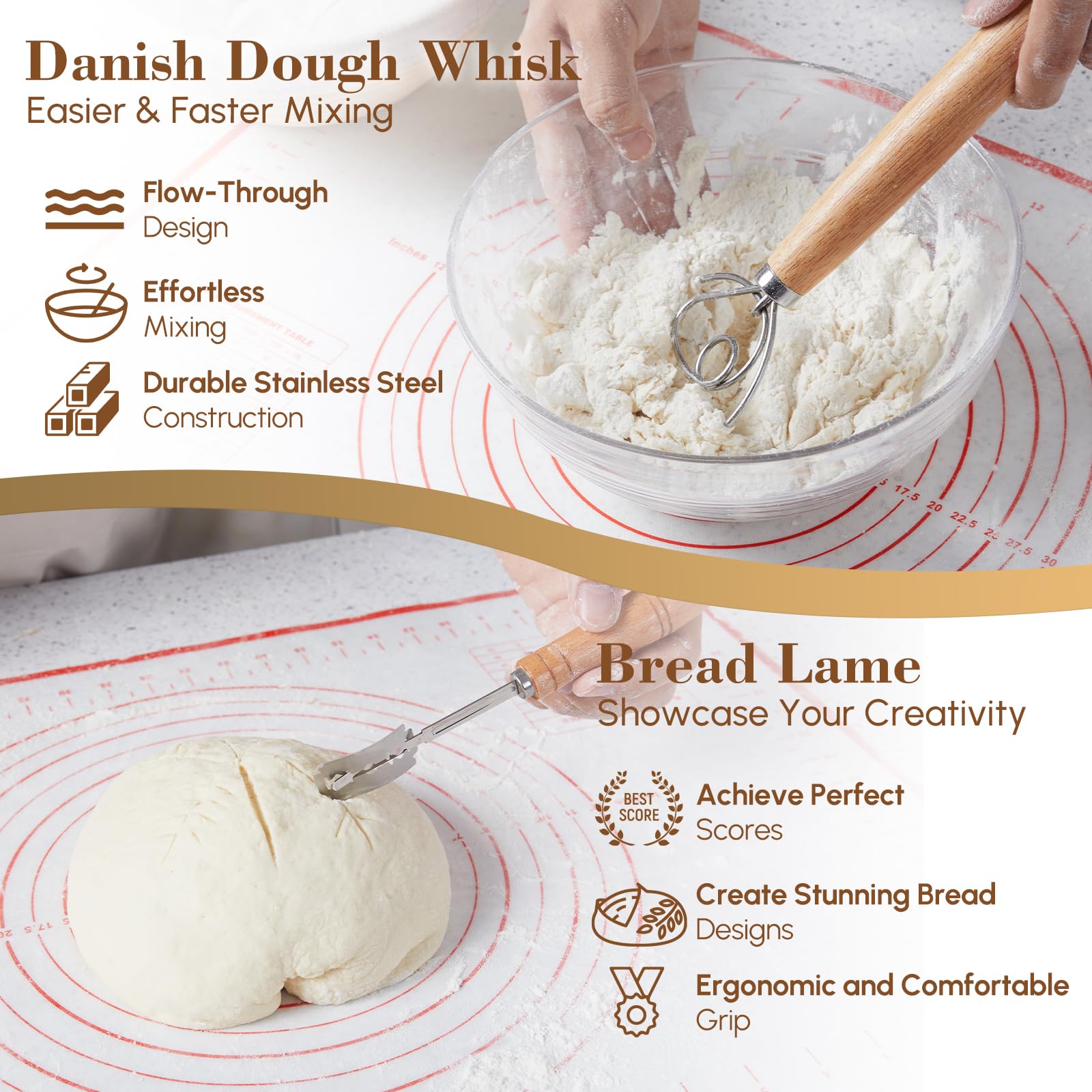 17-Piece Banneton Bread Proofing Basket Set - 9 & 10 Inch Round Sourdough Bread Proofing Baskets with Danish Whisk, Bowl Scraper, Dough Scraper & Bread Lame - Complete Bread Making Kit for Artisan Sourdough, Homemade Bread & Baking Enthusiasts
