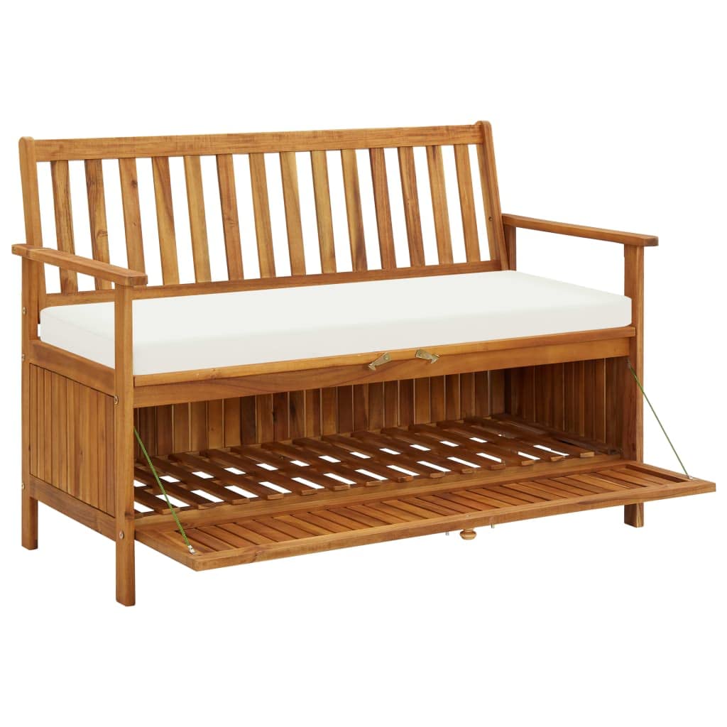 vidaXL Solid Acacia Wood Outdoor Storage Bench with Backrest, Armrests & Cushion - 47.2