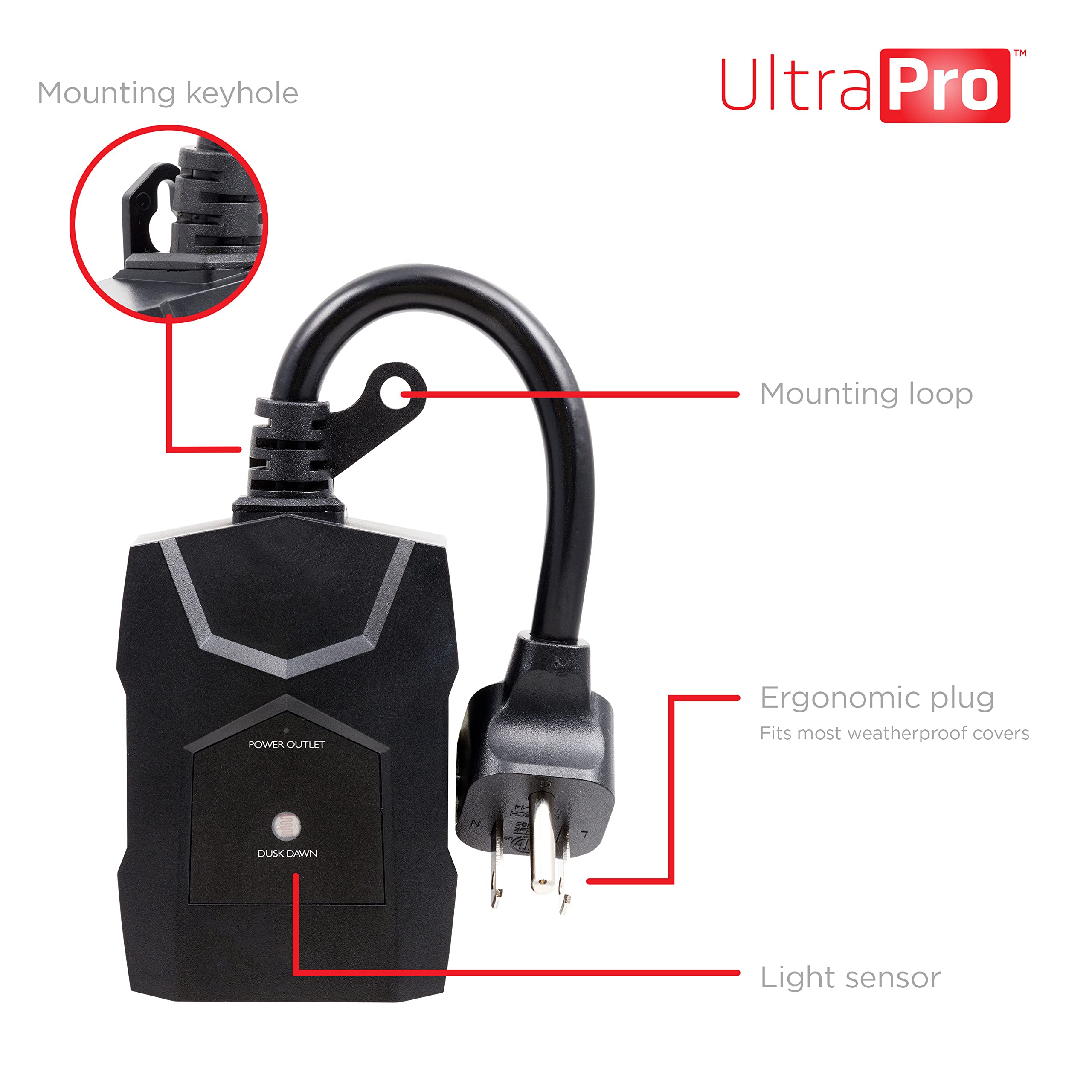 UltraPro Outdoor Outlet Timer with Dusk-to-Dawn Sensor - Weather-Resistant Single Outlet Light Timer for Seasonal & Landscape Lighting - Simple Automation for Patio, Garden & Holiday Decor (1 Pack, Black)