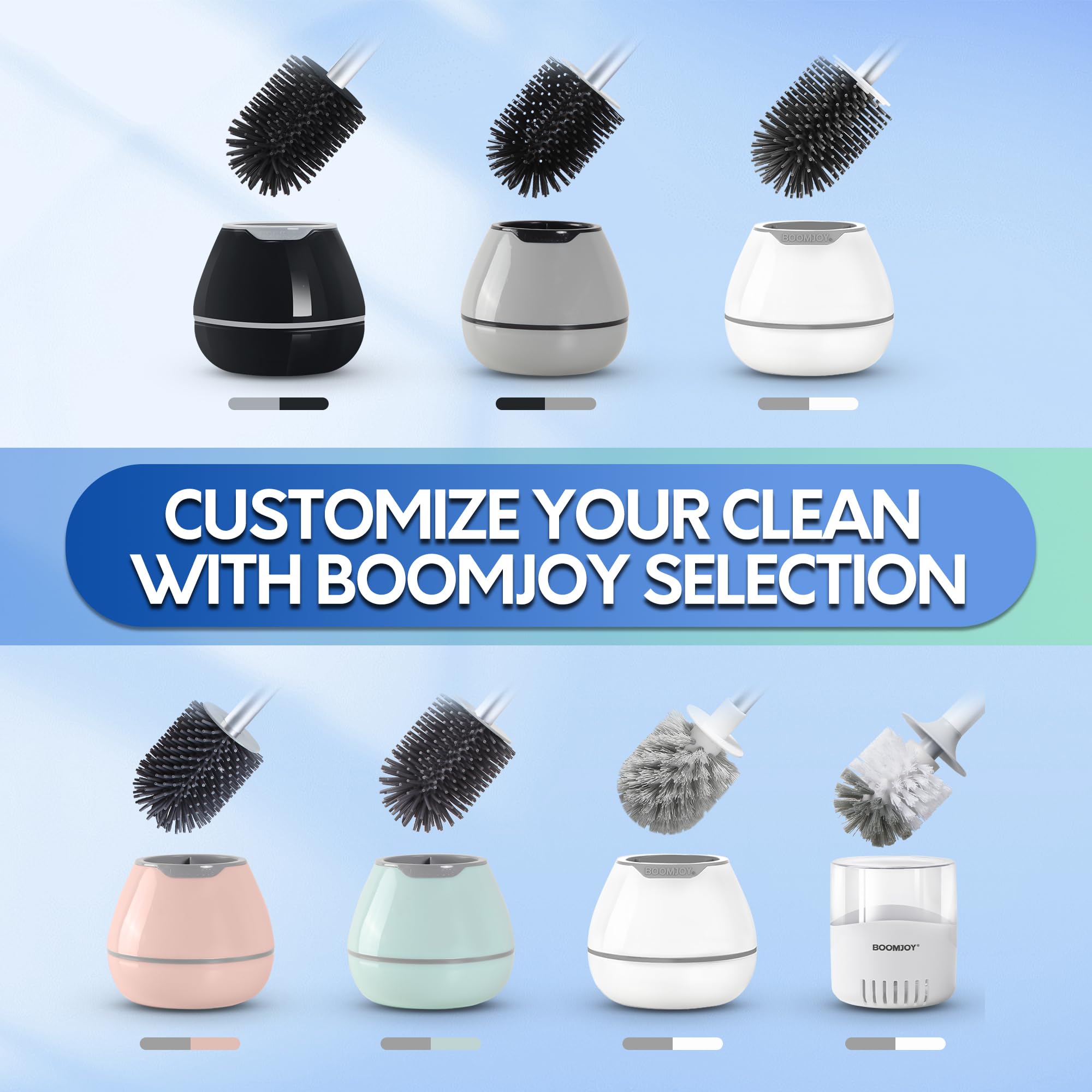 BOOMJOY Silicone Toilet Brush and Holder Set with Aluminum Handle - White | Bathroom Cleaning Kit Includes Bowl Brush & Tweezers | Durable Toilet Cleaner for Home, Apartment & RV Use
