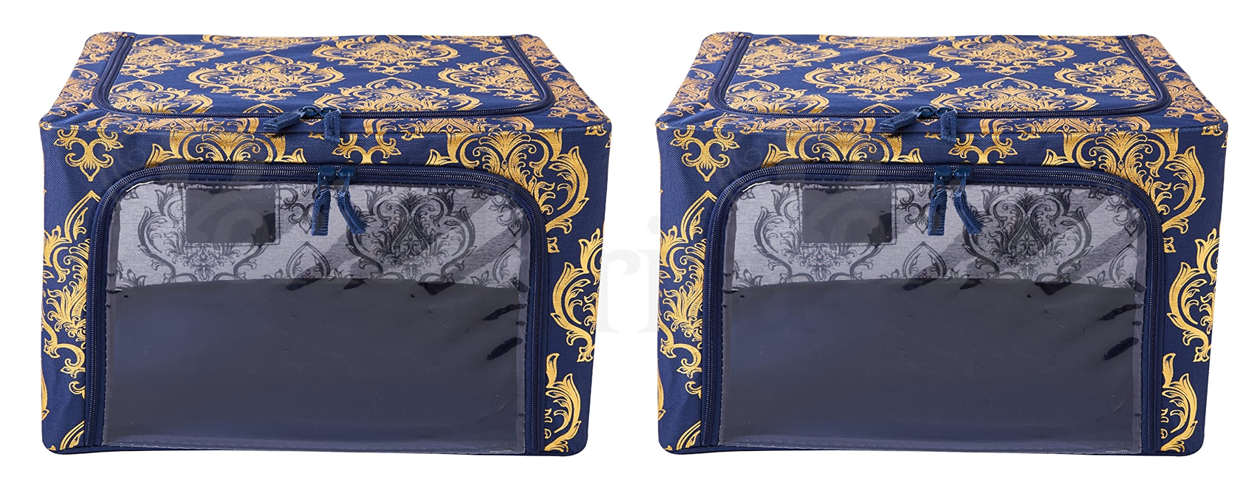 Oxford Cloth Steel Frame Storage Boxes - Under Bed & Closet Organizer Set of 2 Small Fabric Bins (Metallic Damask) - Perfect for Bedroom, Nursery & Dorm Organization