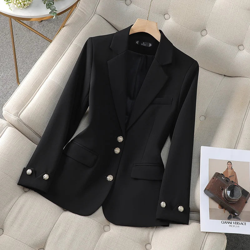 Elegant Black Beige Single Breasted Blazer Jacket for Women | Professional Formal Workwear Tops | Autumn Winter Fashion | Office Wear & Business Casual Outfits