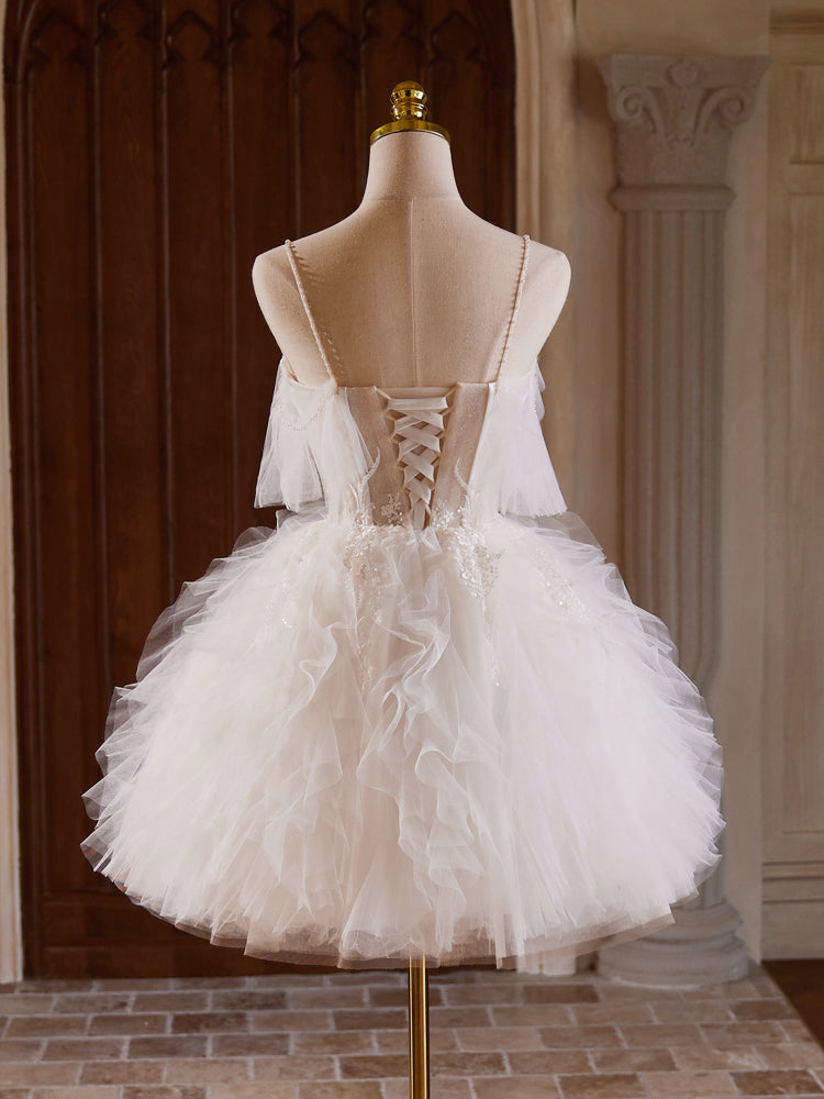Elegant Light Champagne Short Prom Dress with Tulle Lace & Beads - Ball Gown for Homecoming, Cocktail Parties & Special Occasions